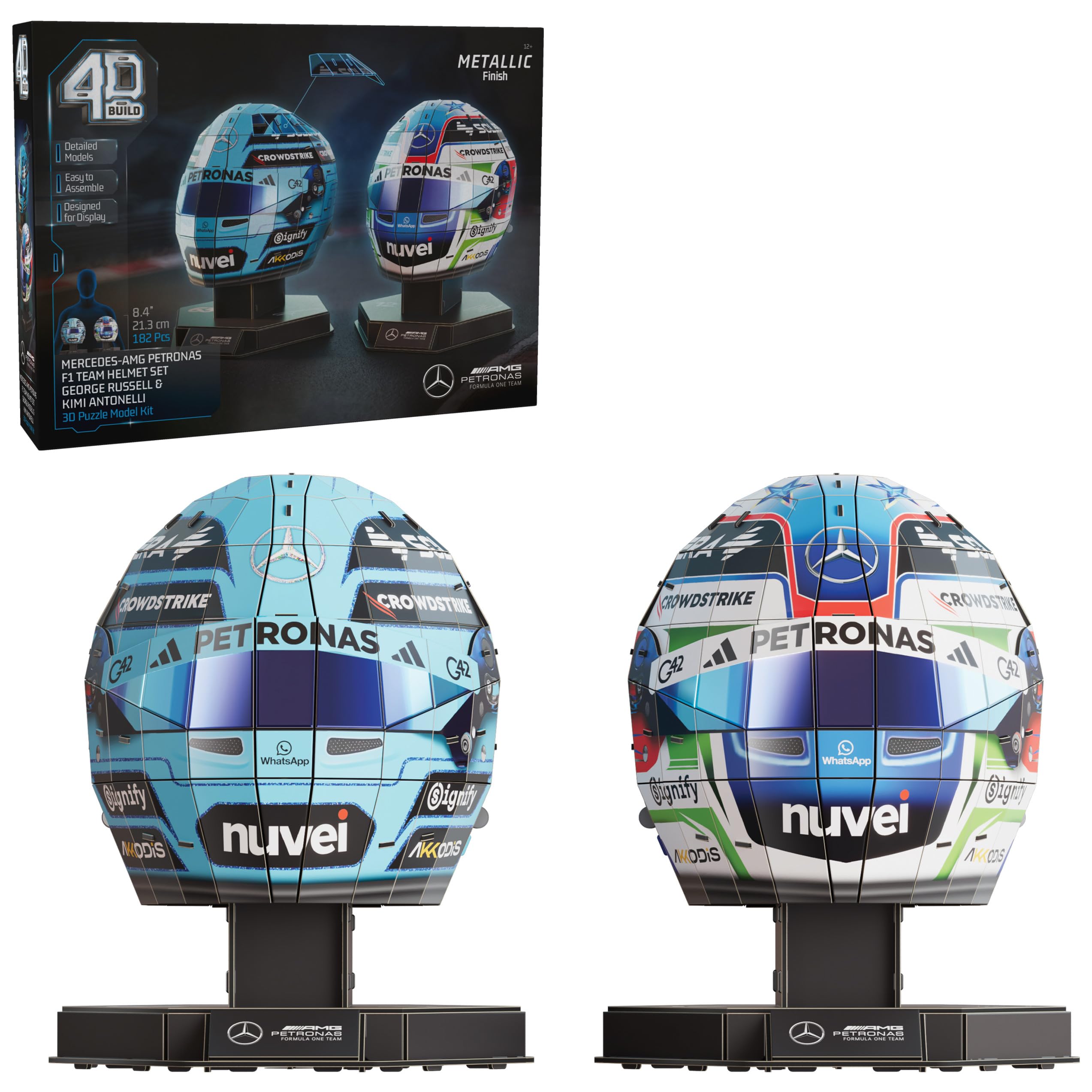 4D Build Mercedes-AMG F1 Helmet Set 3D Puzzle Model Kit for Adults | 182 Premium EPS Foam Pieces, No Glue or Tools Required, Home Decor Collectible Figure for Display, Screen-Free Hobby Ages 12+