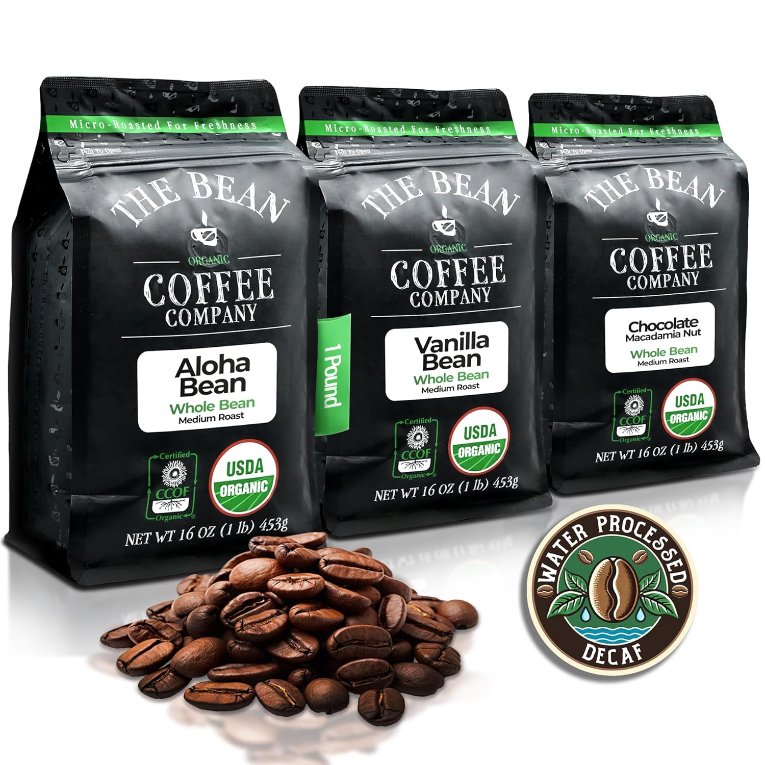 The Bean Organic Coffee Company Water Processed DECAF Aloha Bean (Hawaiian Hazelnut) Chocolate Macademia Nut and Vanilla Bean, Medium Roast, Whole Bean Coffee