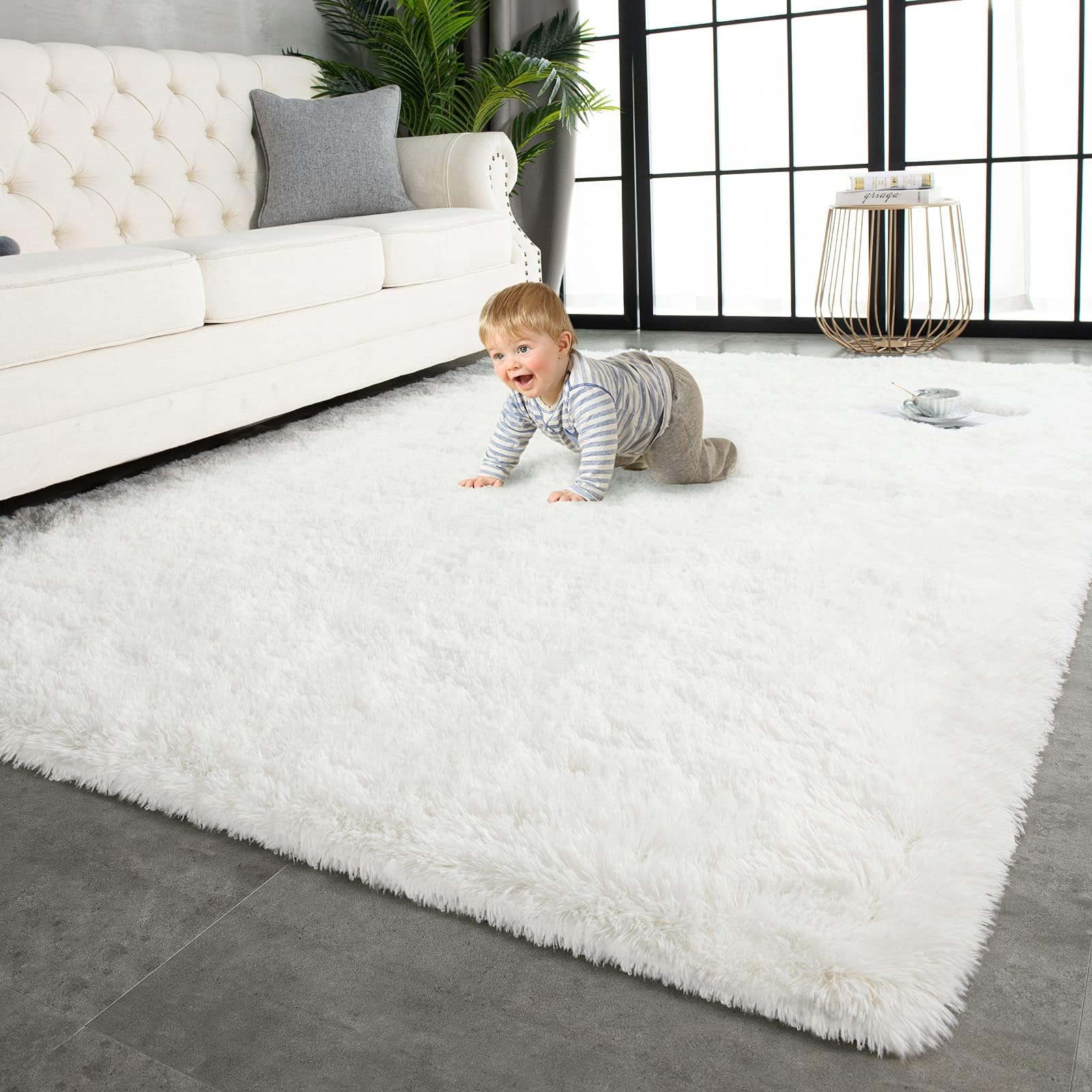 TWINNIS Super Soft Shaggy Rugs Fluffy Carpets 6x9 Feet, Indoor Modern Plush Area Rugs for Living Room Bedroom Kids Room Nursery Home Decor, Upgrade Anti-Skid Rectangular Fuzzy Rug, Cream White