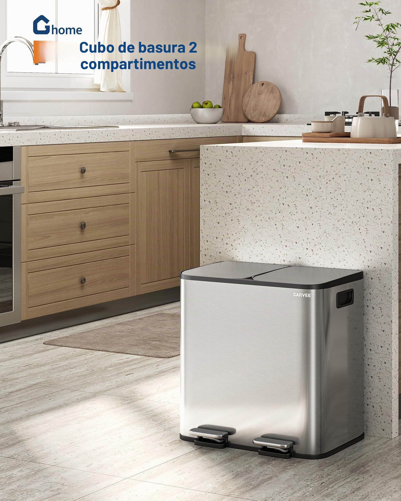 GarveeHome Cubo De Cocina 2x15L Separación Residuos, Pedal Acero Inoxidable, Pedales Independientes, Cierre Amortiguado, Cubos Internos Extraíbles, Reciclaje Residuos Orgánicos (Acero inoxidable)