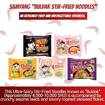 Buldak Ramen Noodles 5 Flavor Variety Combo - Original, 2x Spicy, Cheese, Carbonara, Jjajang - Total 5 pack (1 Pack ea) - Spicy Ramen Noodles Samyang Buldak Ramen Korean Spicy Hot Chicken Stir-Fried Noodles Bundle with 5 ALL.FOR.YOU. Branded Chopsticks (5 Flavor Variation 3)