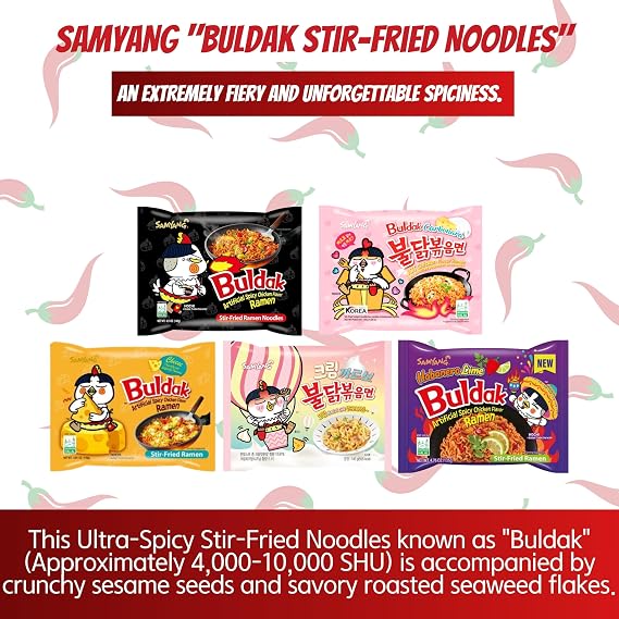 Buldak Ramen Noodles 5 Flavor Variety Combo - Original, 2x Spicy, Cheese, Carbonara, Jjajang - Total 5 pack (1 Pack ea) - Spicy Ramen Noodles Samyang Buldak Ramen Korean Spicy Hot Chicken Stir-Fried Noodles Bundle with 5 ALL.FOR.YOU. Branded Chopsticks (5 Flavor Variation 3)