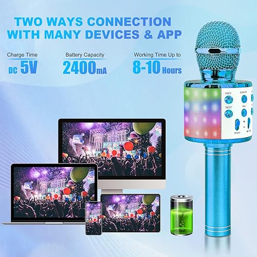 Miniatura 52 de BlueFire - Micrófono inalámbrico Bluetooth 4 en 1 con luces LED, portátil, para niños, niñas, niños y adultos, karaoke Púrpura