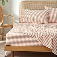 Vista 19 de Sábana ajustada 100% algodón suave tamaño queen de bolsillo profundo con rayas coloridas y estampado Gingham, sin arrugas, 1 pieza, sábana