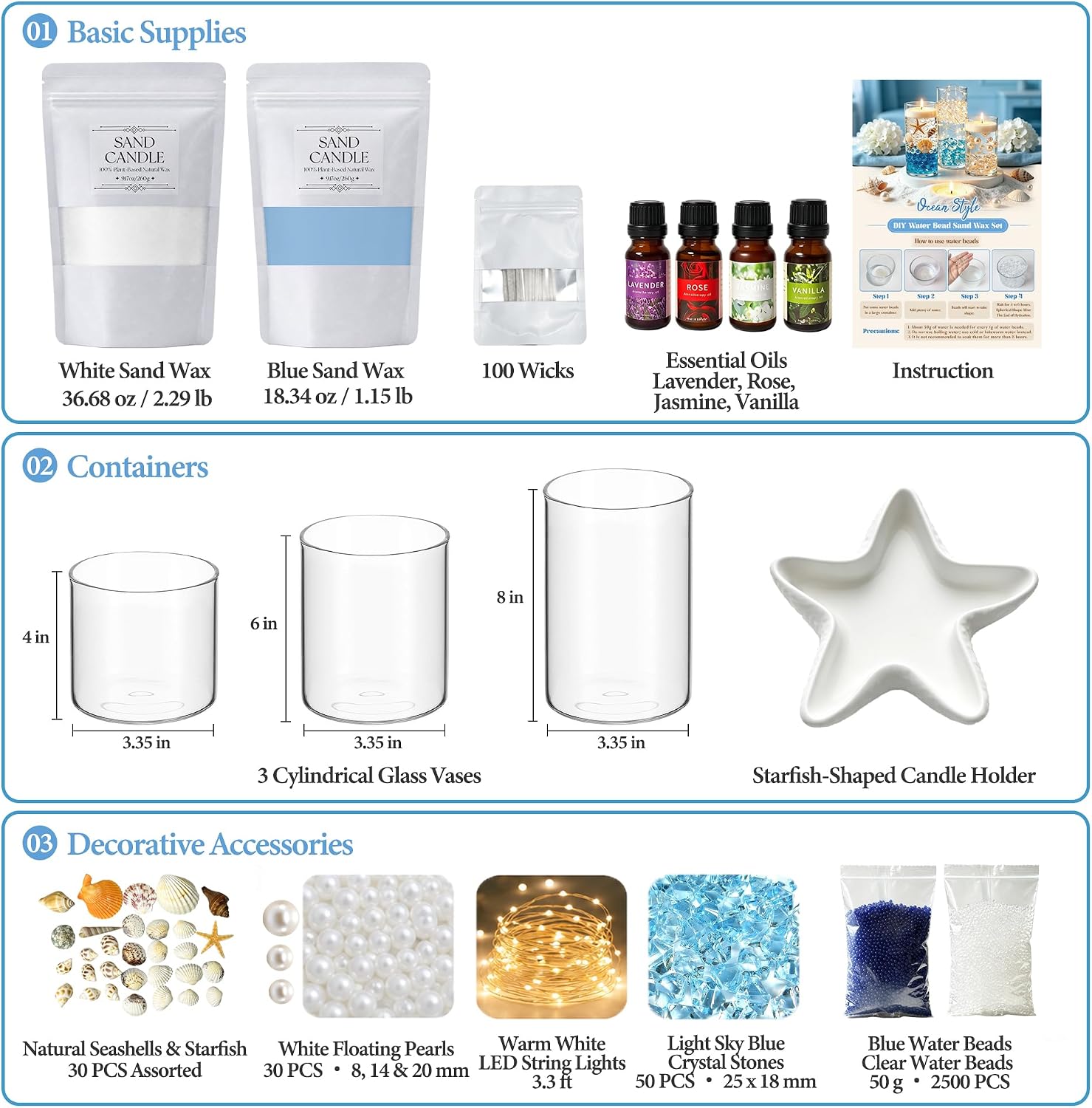 VUSIBA 55 OZ Floating Pearled Sand Candle Kit with 3 Glass Vases for Decor