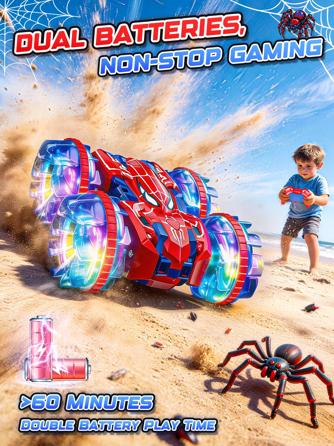 Spider Amphibienfahrzeug Ferngesteuertes Auto, 2.4GHz Doppelseitig RC Auto Car Spielzeug ab 3 4 5 6 7 8+ Jahre Junge, Pool Outdoor Monstertruck mit 360°Drehung & LED Licht, Kinder Geburtstag Geschenke