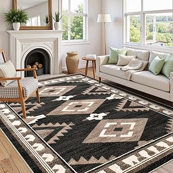 Tijuboni Western Rugs for Living Room Non Slip, Southwestern Area Rugs for Dining Room Kitchen Bedroom Nursery, Washable Rubber Backing, 5x7 Aztec Black-White-Brown