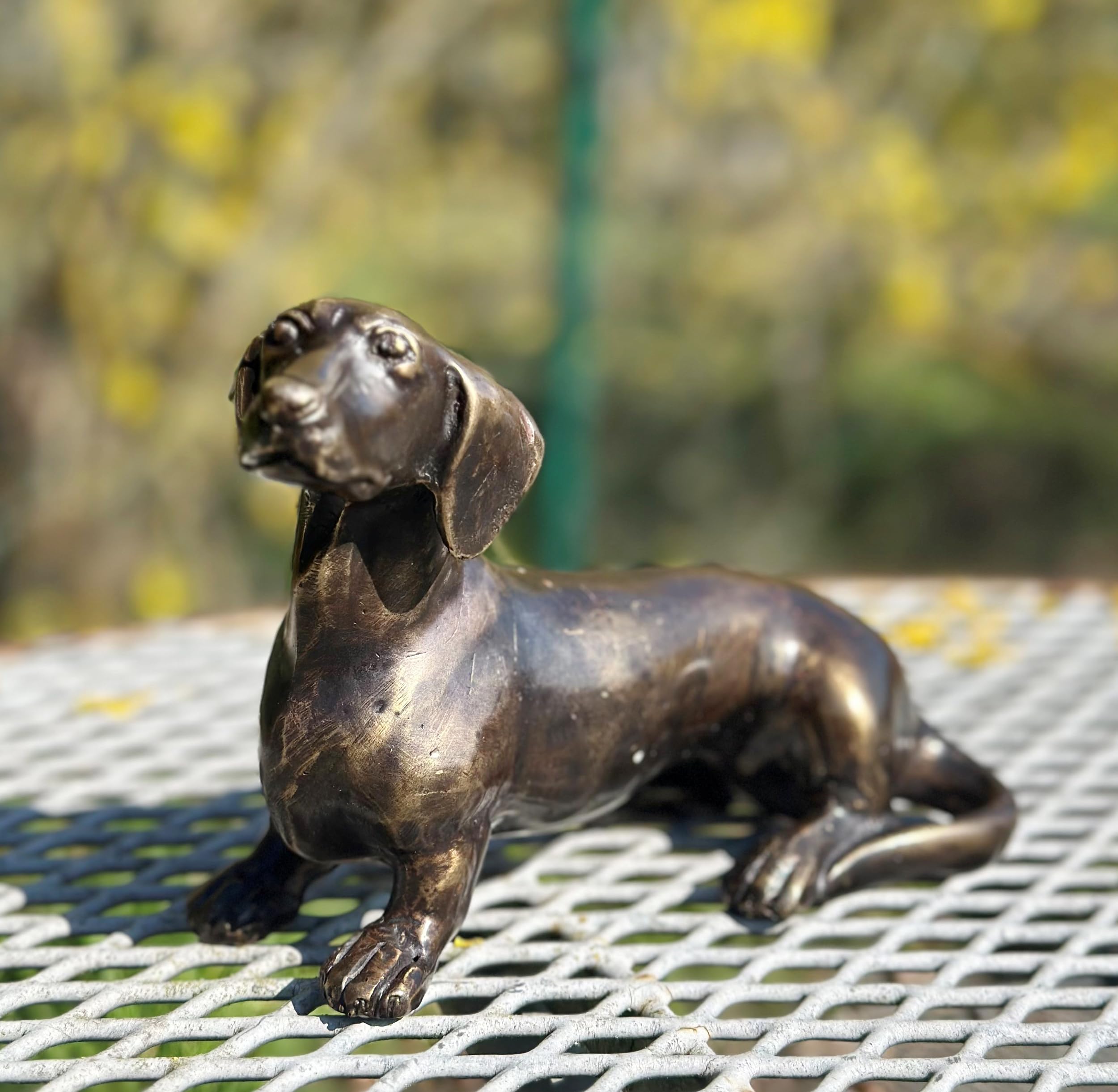 STEINFIGURENWELT GIEBEN Bronzefigur Dackel 12x20cm Dekoration aus Bronze Skulptur Tier Figur Deko Geschenk Bronzestatue Kurzhaardackel Wetterfest