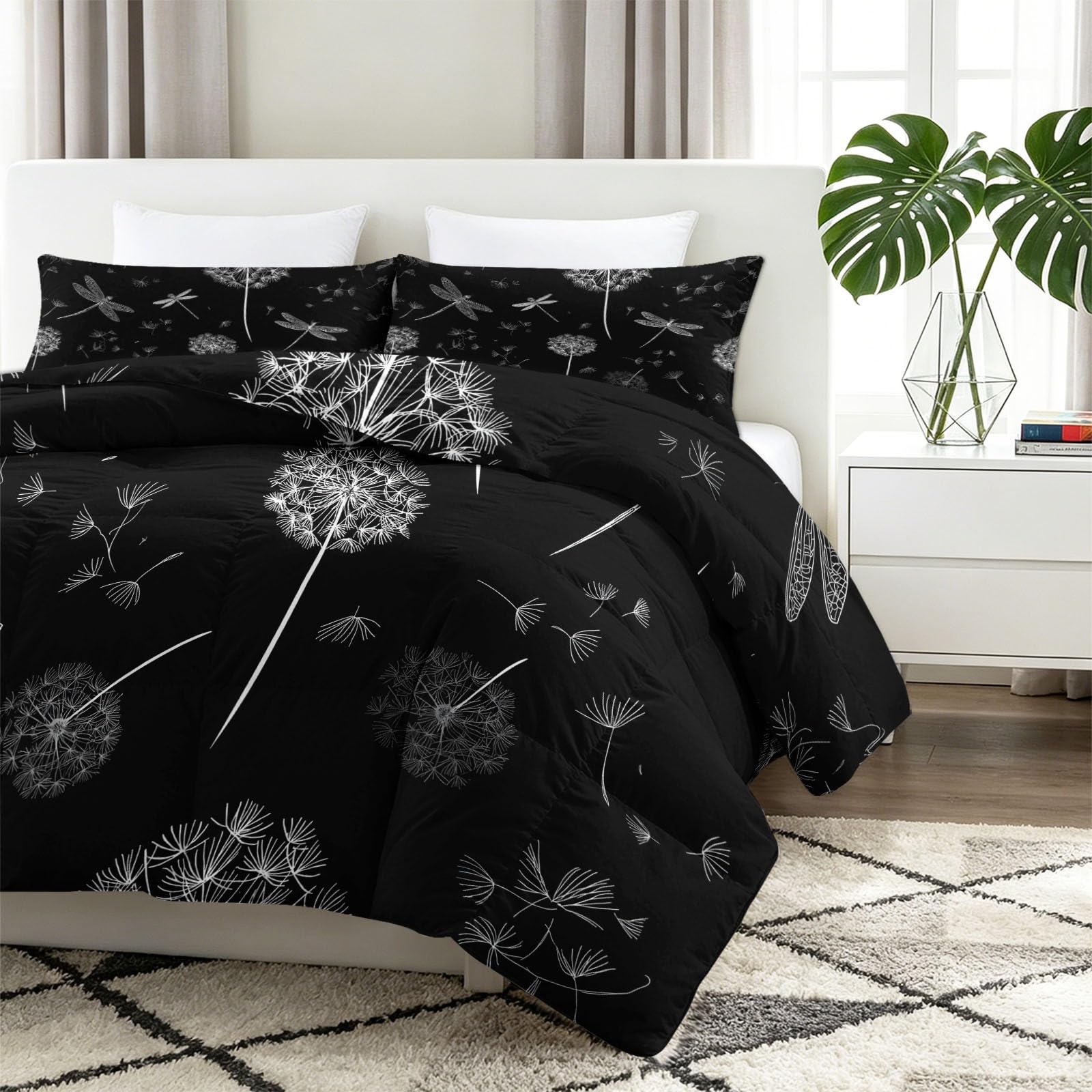 Minimalistisch Fantasy Botanisch Löwenzahn Bettdecke ohne Bezug 200 x 200 cm - Gewaschene Baumwolle Ganzjahresdecke mit 2 Kissenbezügen, Weiche Waschbare Steppdecke, Grau 3-teilig
