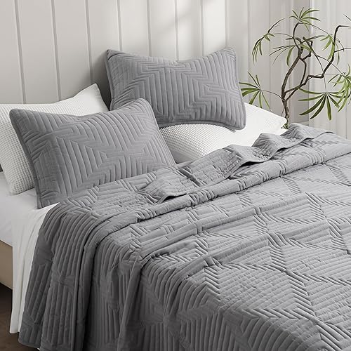 Miniatura 3 de Oli Anderson Juego de edredón tamaño Queen, color gris, ligera, suave, ropa de cama con patrón de canasta, 3 piezas modernas con costuras