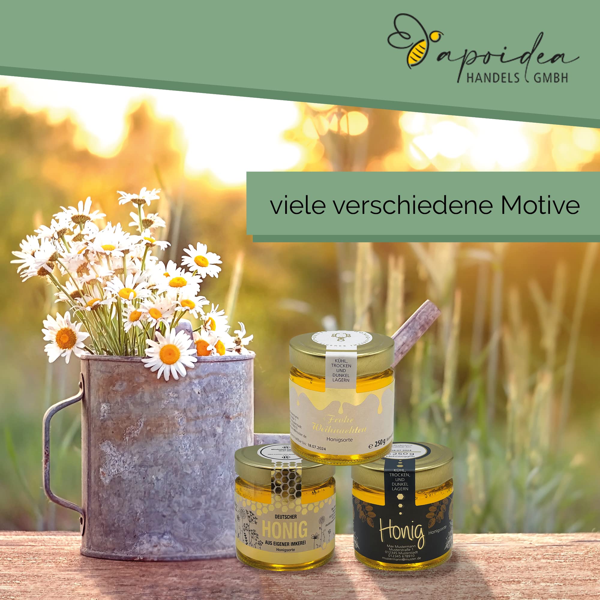 Apoidea – Honig Etiketten 500 g mit Goldveredlung & Gewährverschluss selbstklebend & personalisierbar - 25 Stück/Etiketten Honiggläser/Honig Aufkleber für selbstgemachten Honig/Honigetiketten