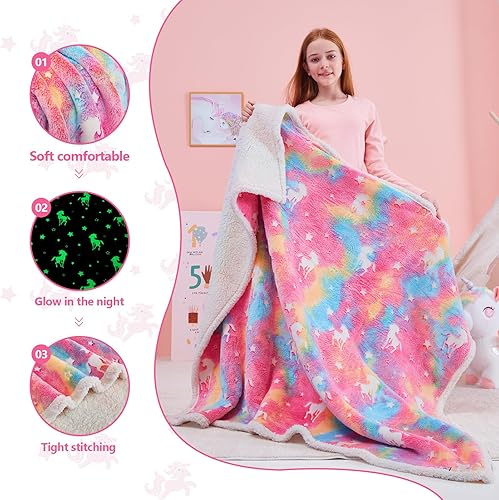 Miniatura 6 de QSTEHEML Manta de unicornio que brilla en la oscuridad, manta de sherpa para niñas de 3, 4, 5, 6, 7, 8, 9, 10, 11, 12 años, manta suave y luminosa