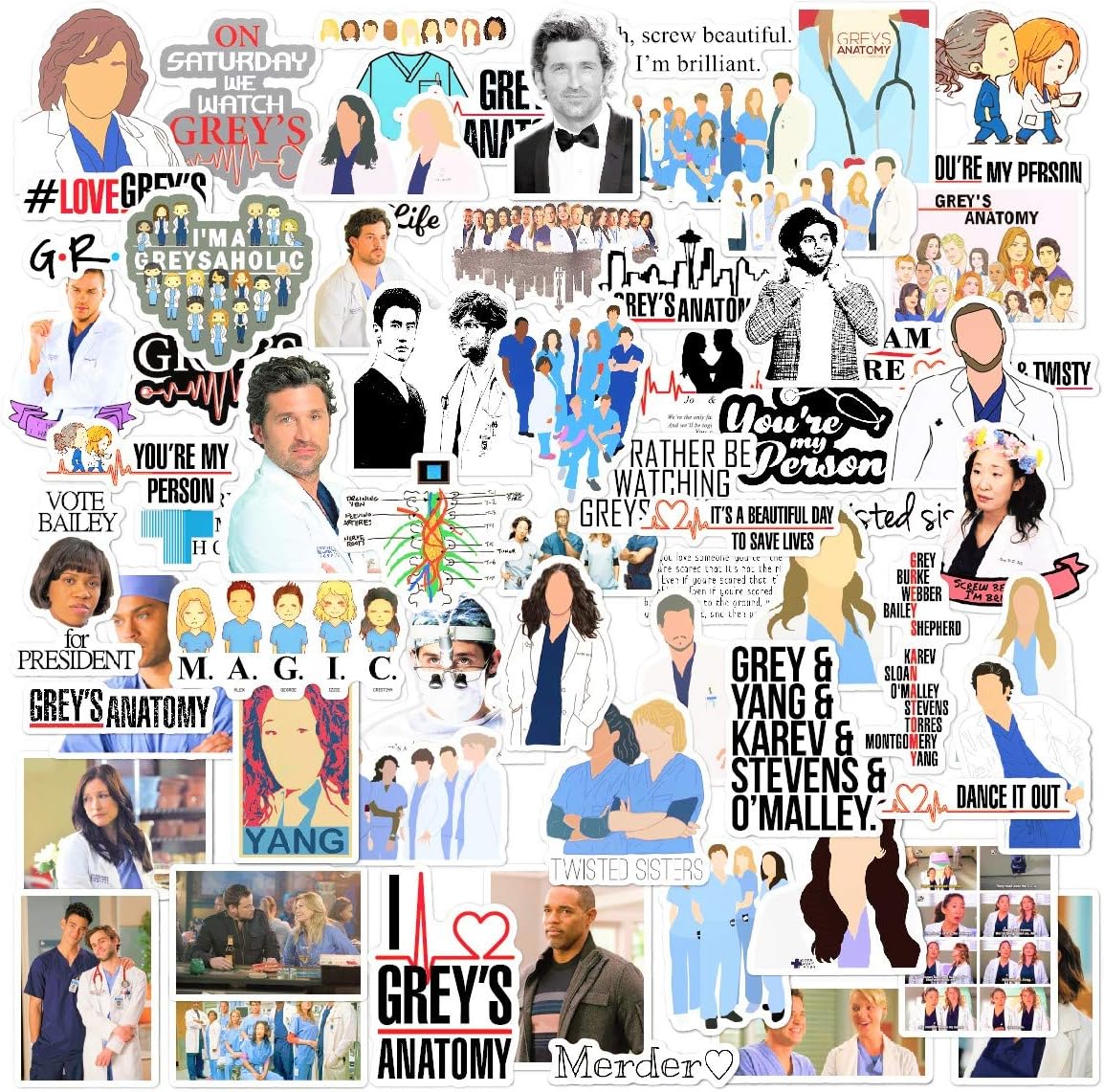 amazon com grey s anatomy sticker pack 106pcs pcs tv show creative diy stickers funny decorative cartoon for cartoon pc luggage computer notebook phone home wall garden window snowboard electronics