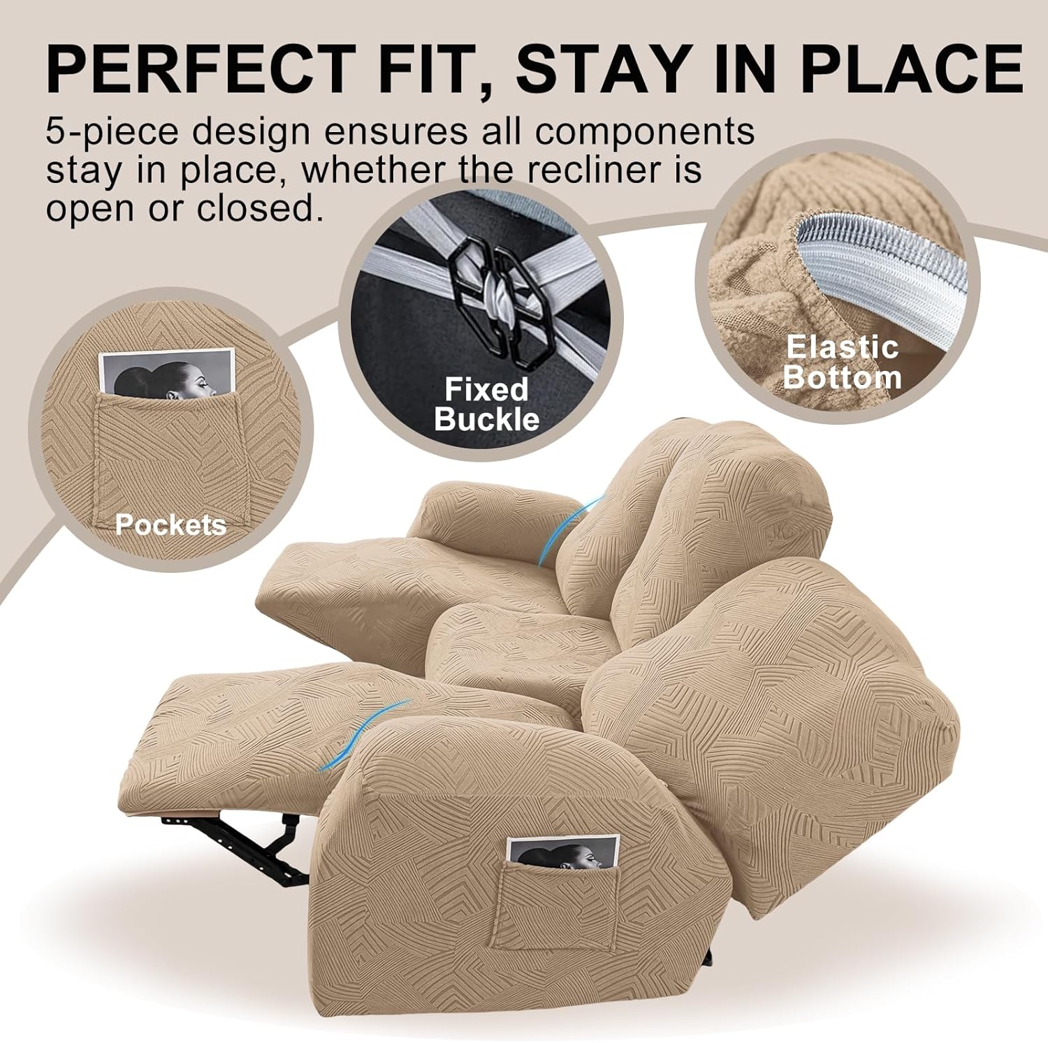 5-Piece Recliner Sofa Covers,Stretch Geometric Strokes Jacquard Recliner Sofa Slipcovers,Seamless Furniture Protector with Pocket,Soft Breathable Couch Cover,3 Seater Khaki