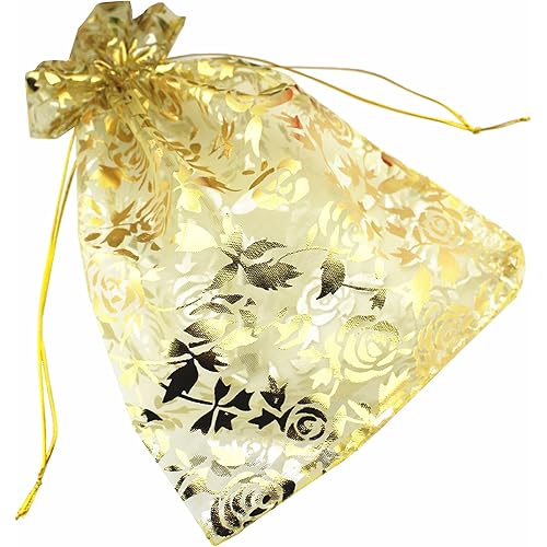 QIANHAILIZZ 8 x 12 Inch 100 Drawstring Heart Flower Bags Organza Jewelry Gift Pouch Candy Pouch Drawstring Wedding Favor Bags (Gold Flower)