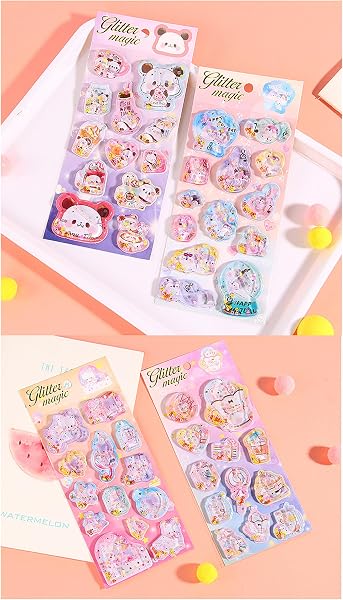 実店舗品質 2枚セット 3D立体 ウォーターシール グリッター入り ウォーターインシール デコ ぷにぷに触感 精巧な柄 手帳用装飾 DIY - 5