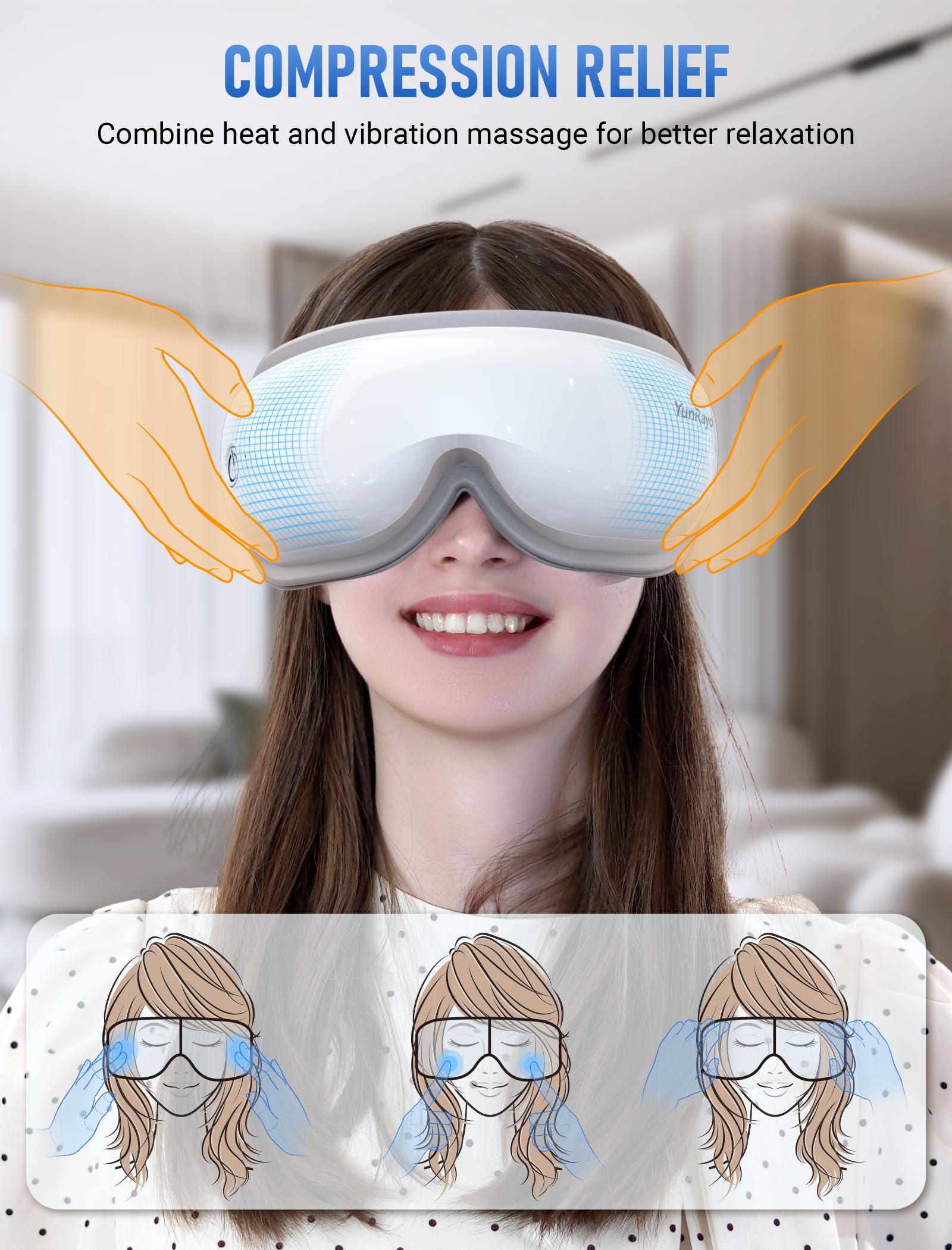 Masseur des yeux avec musique Bluetooth, chauffage et vibrations - Masque de massage sans fil pour soulager les yeux secs, la fatigue oculaire et les maux de tête, favoriser le sommeil