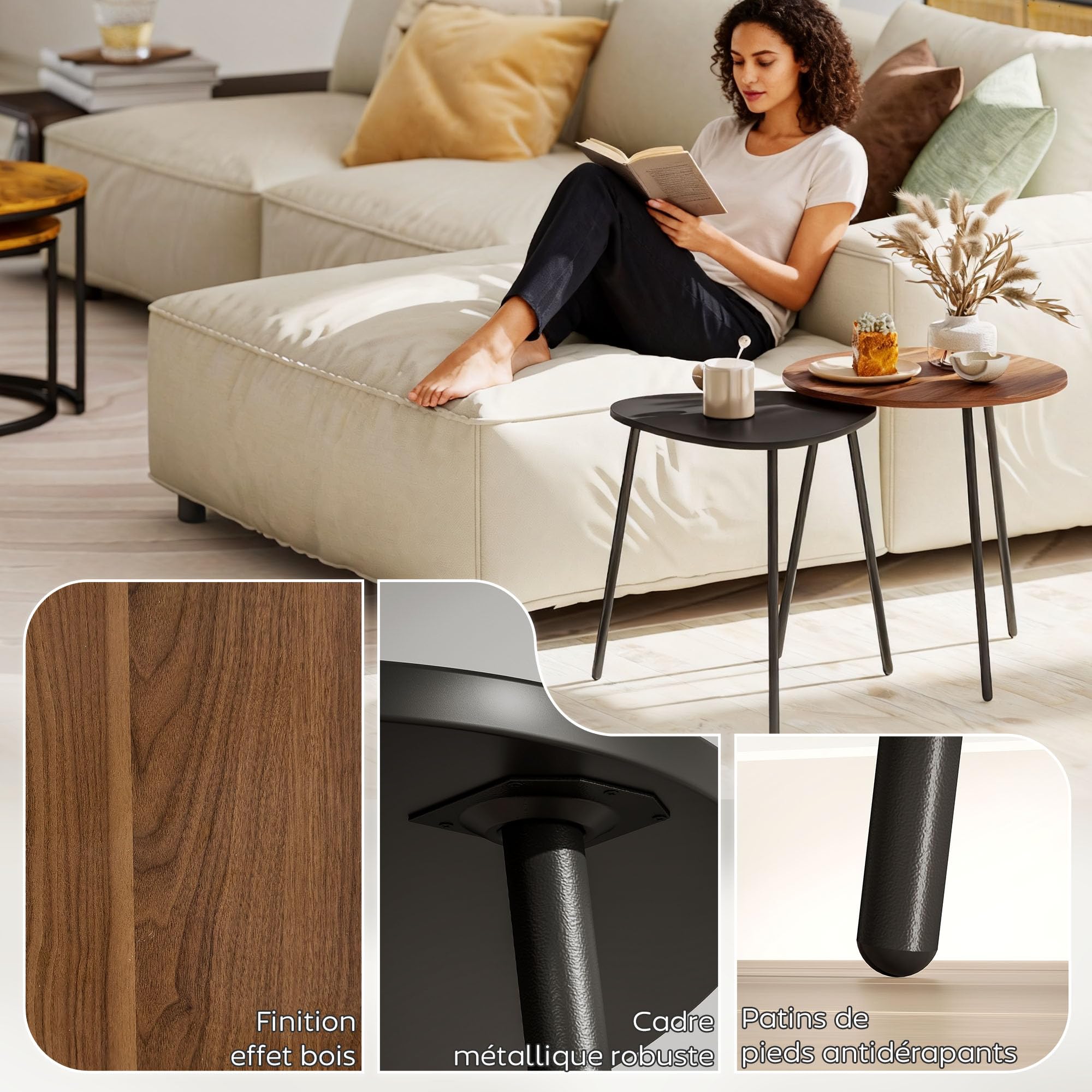 HOMCOM 2 mesas de café Nido, contemporáneo, Nogal y Negro | Mesas laterales de metal, formas redondas y triangulares, mesa de sofá para salón y dormitorio
