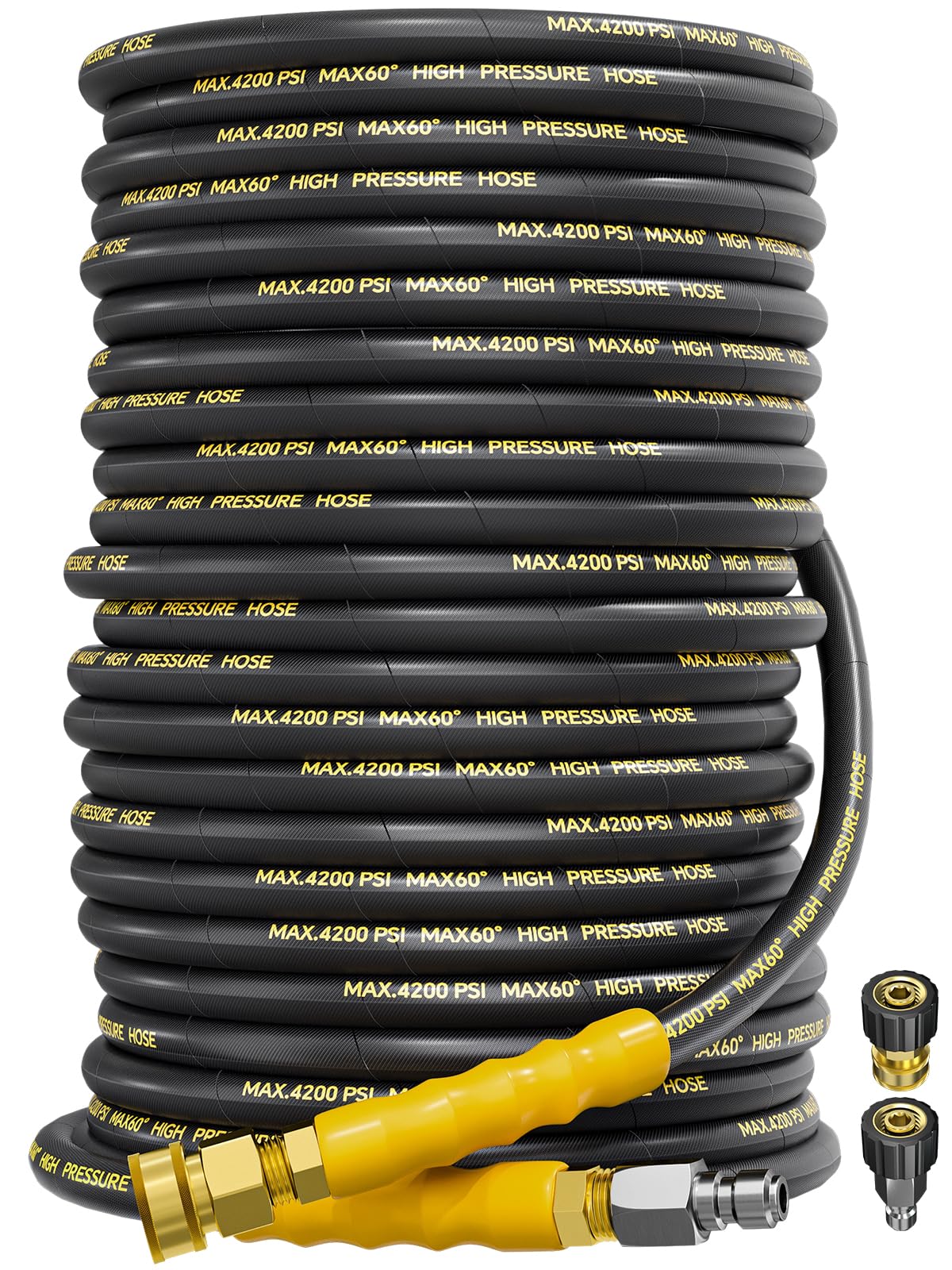 TechSweepPro 4200PSI Pressure Washer Hose 150FT with 3/8" Swivel Quick Connect for Cold/Hot Water, Kink Resistant Steel Wire Braided, Wear Resistant Power Washer Hose with 2 M22 14mm Adapter Set