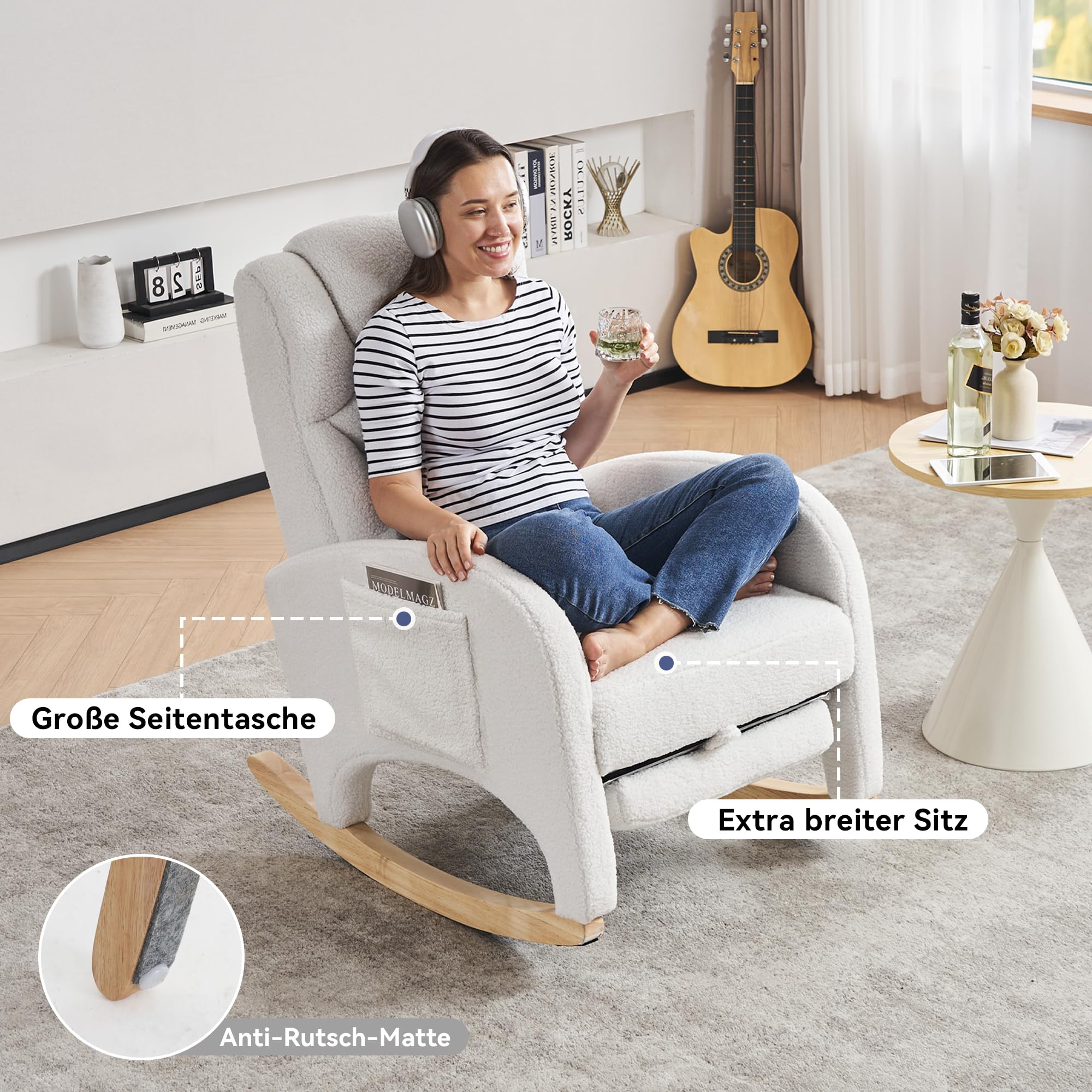 DEKKETO Teddy Schaukelstuhl mit Kopfstütze und Fußstütze, Schaukelsessel mit Hocker, Großer Stillstuhl mit Seitentasche, Relax Stillsessel Wohnzimmer, Weiß