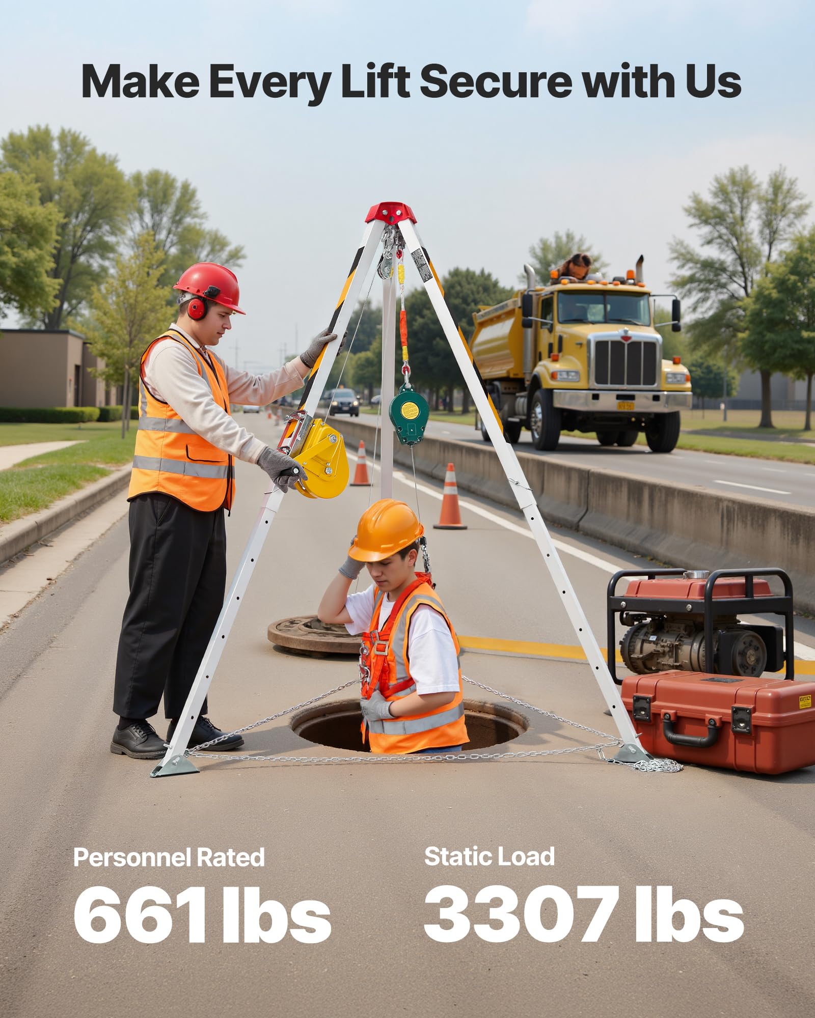 VEVOR Kit Treppiede per Spazi Confinati, Paranco di Sollevamento per Treppiede di Salvataggio per Impieghi Gravosi, Verricello da 816 kg, Lunghezza Gambe Regolabili da 1,34 a 2,15 m, Cavo da 19,8 m