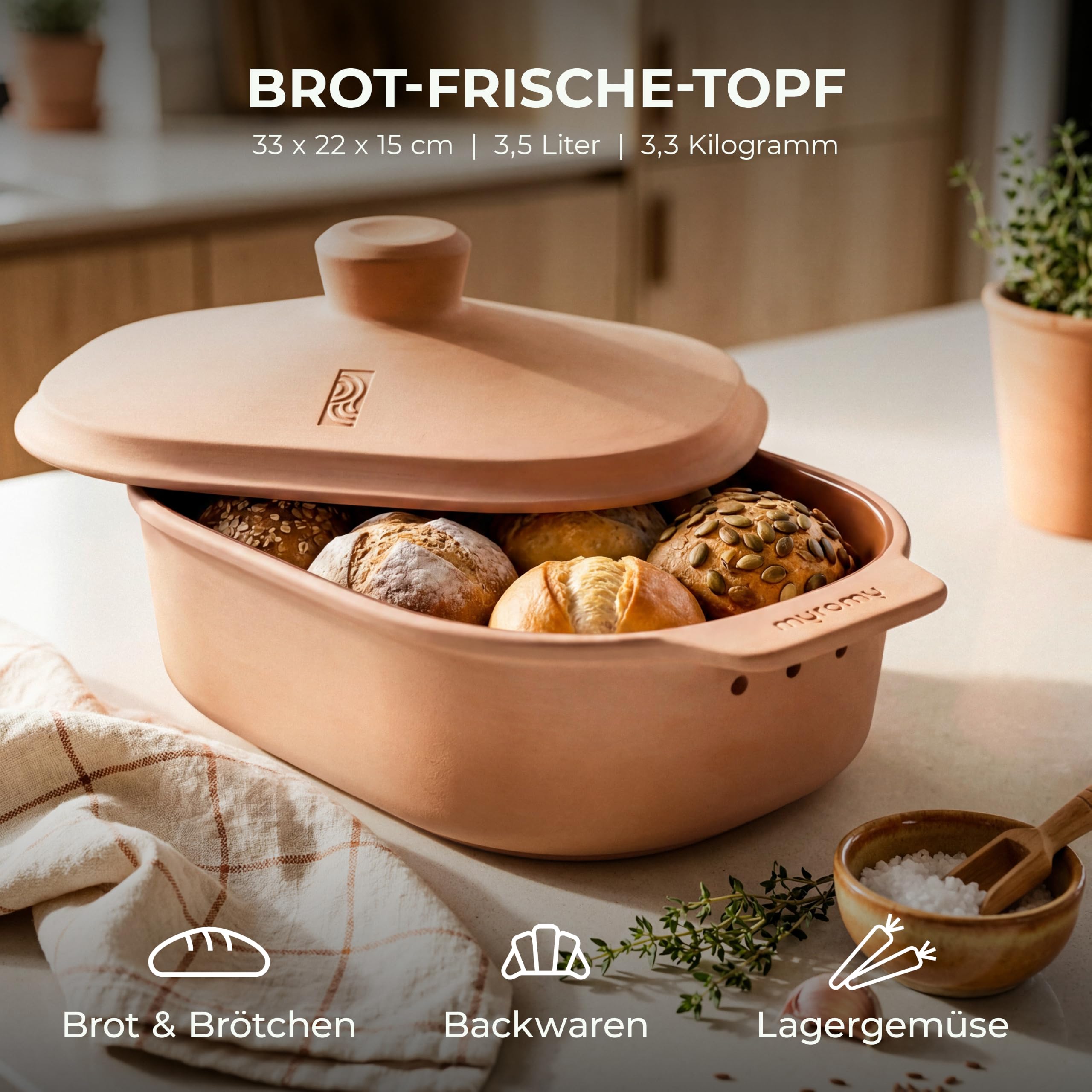 myromy® Brot-Frische-Topf 3,5 L Medium Keramik – Brottopf | Atmungsaktive Keramik hält Brot natürlich frisch – plastikfrei, stilvoll auf der Anrichte – Design für jeden Tag
