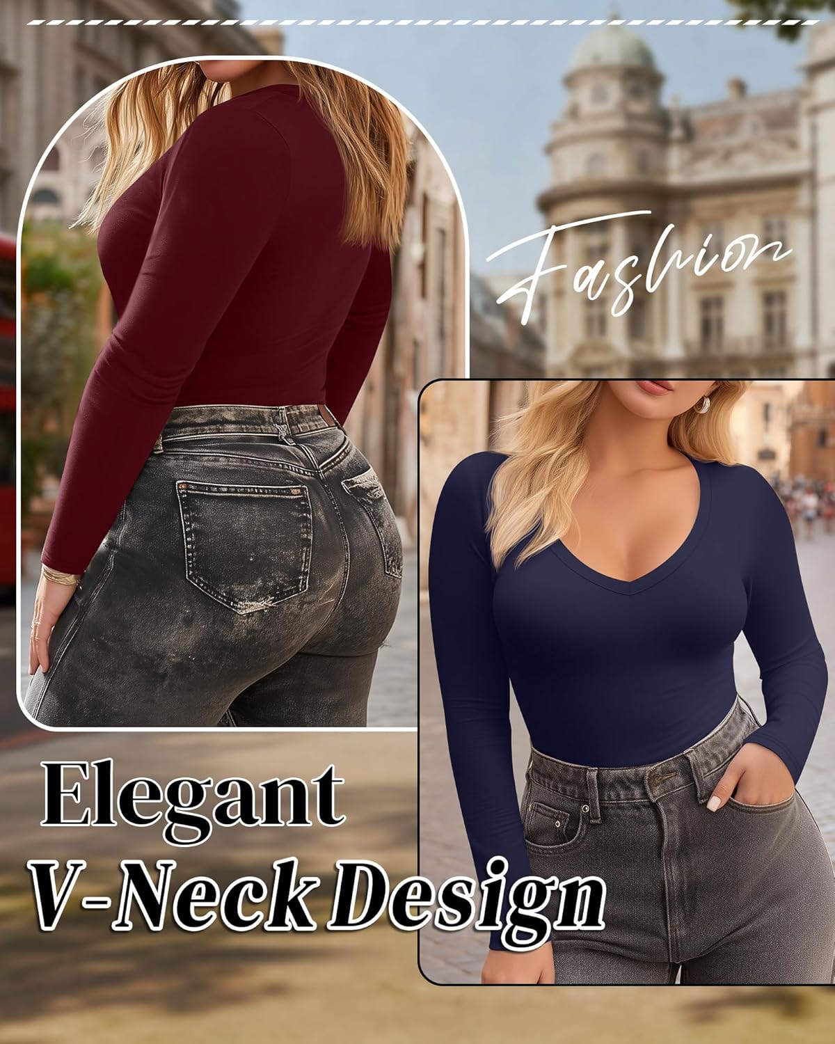 3 Pack Women's Plus Size Shirts, Deep V Neck Long Sleeve Tops Slim Fit Cotton Blend T-Shirts Casual Basic Layer Tee - Image 3