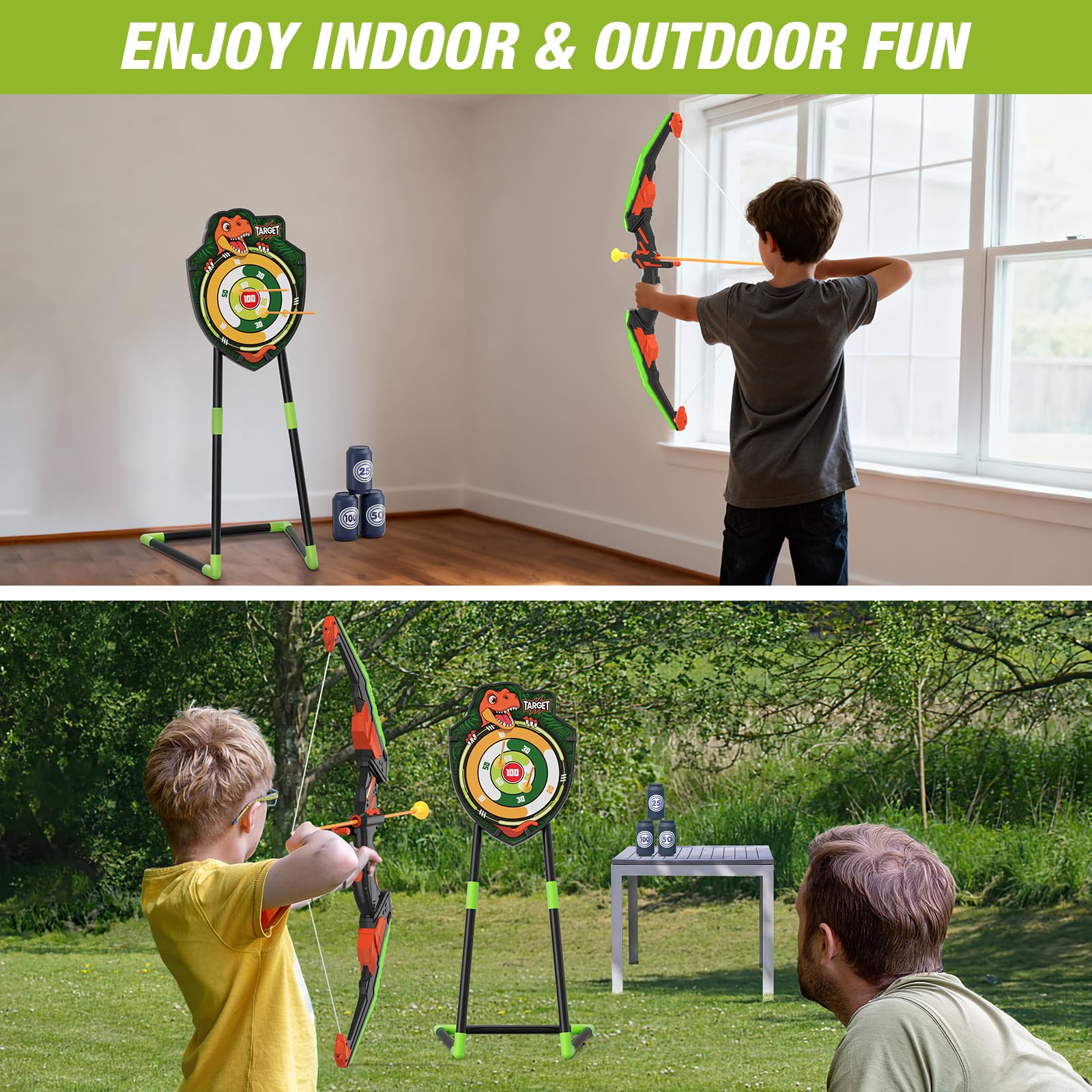 HYES Pfeil und Bogen Spielzeug für Kinder Bogenschießen Set mit Bogen, Saugnapf Pfeile, Stehend Bewegliches Ziel, Pfeilhalter, Score Ziele, Indoor Outdoor Spielzeug Geschenk für Jungen Mädchen
