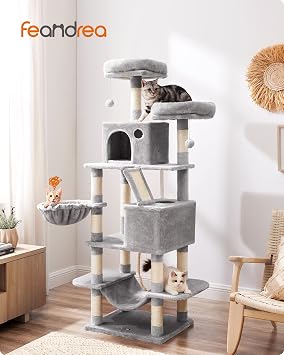 Feandrea scratching tree, large, 168 cm high, L cat tree, 13 scratching columns, 2 platforms, 2 caves, basket, hammock, plush balls, multi-storey cat scratching tree, light gray PCT165W01