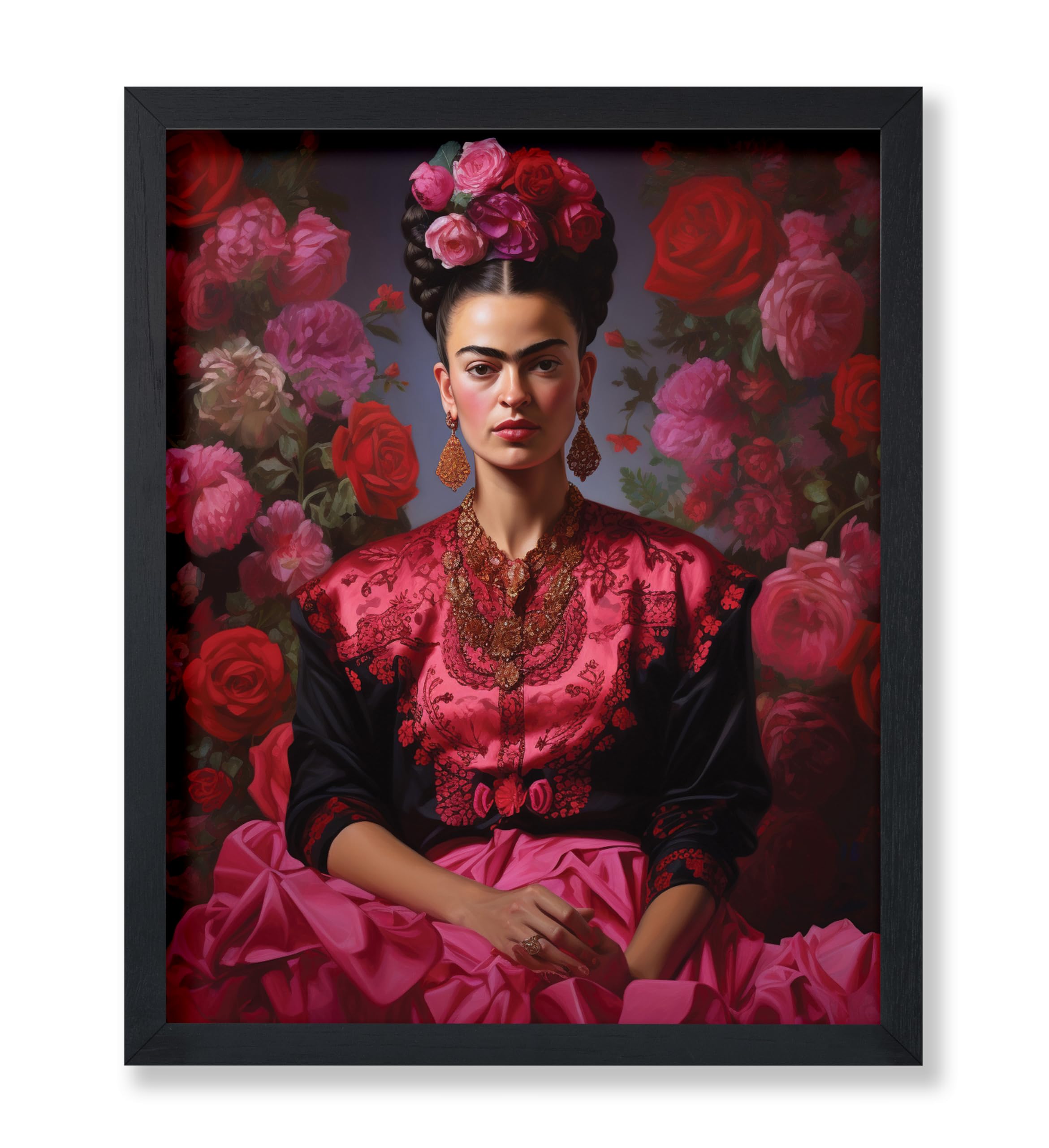 Poster Master Frida Poster - Frida Flowery Portrait Print - Pink Flower Art - Floral Art - Gift for Men & Women - Aesthetic Decor for Bedroom, Living