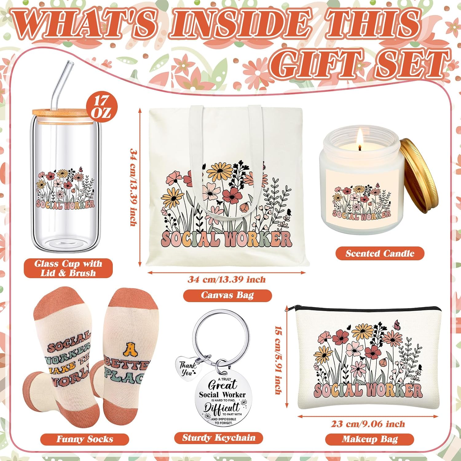 6 Pcs Social Worker Gifts for Women School Social Worker Must Haves Appreciation Gifts for Housekeeping Volunteer with 17 Oz Glass Cup Canvas Tote Bag Key Chain - Image 3