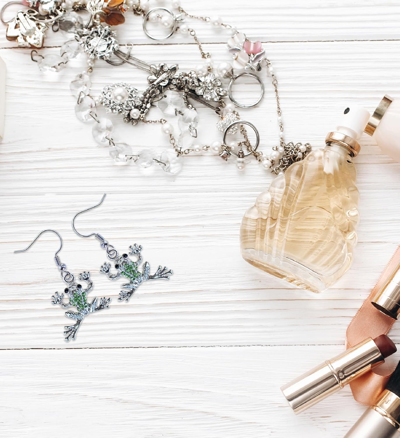 Aqua79 Silver and Green Frog Dangle Earrings - Rhinestone Bohemian Dangle Earrings for Women and Teens, Zinc Alloy Fish Hook Earrings, Frog Animal Earrings - 1.5 Inches - Image 7