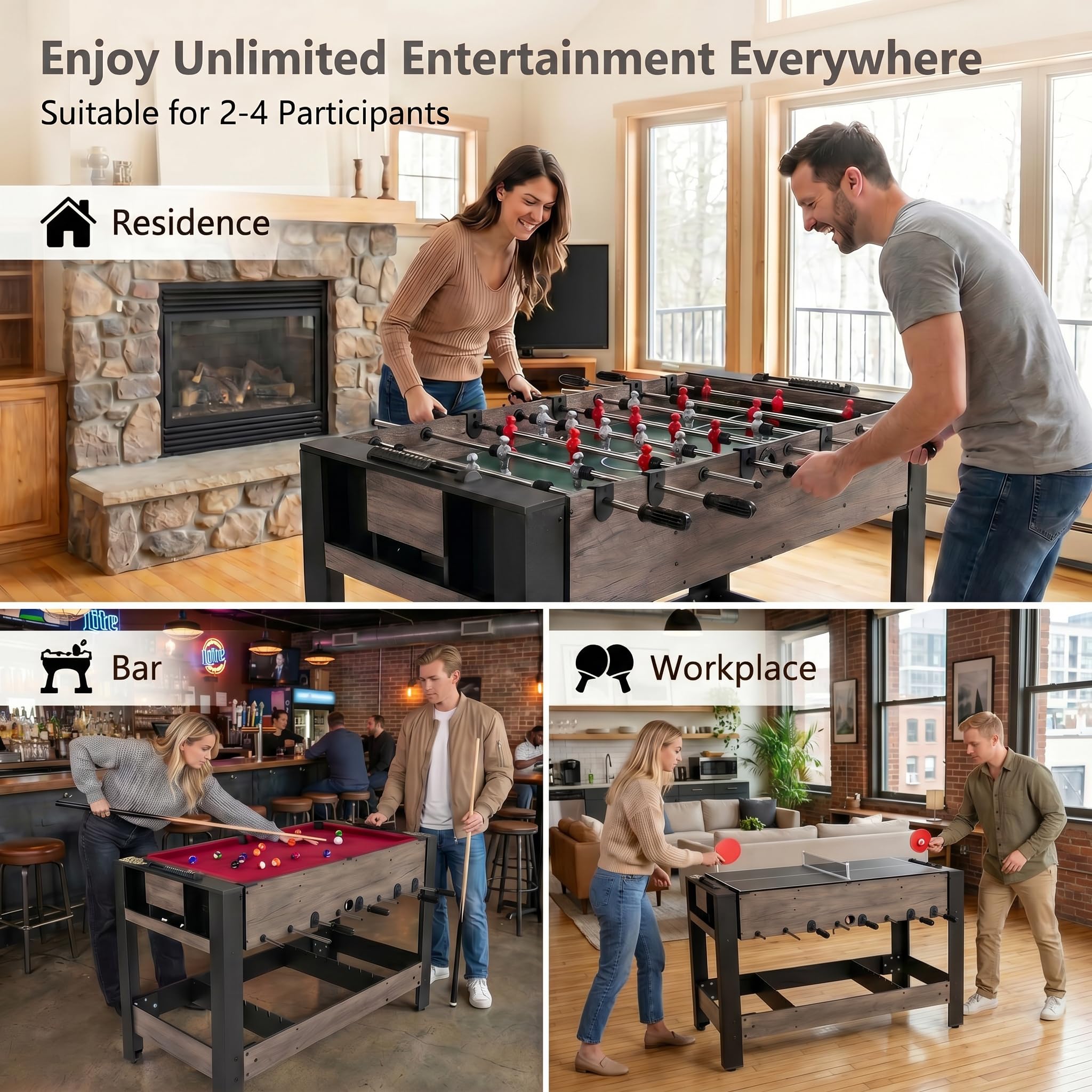 HOMASIS Multi Spieltisch, Multifunktionstisch mit Tischkicker & Billardtisch, Kickertisch Billard mit Bälle Queue Dreieck Bürste Kreide, Multigame-Tisch Kinder Erwachsene