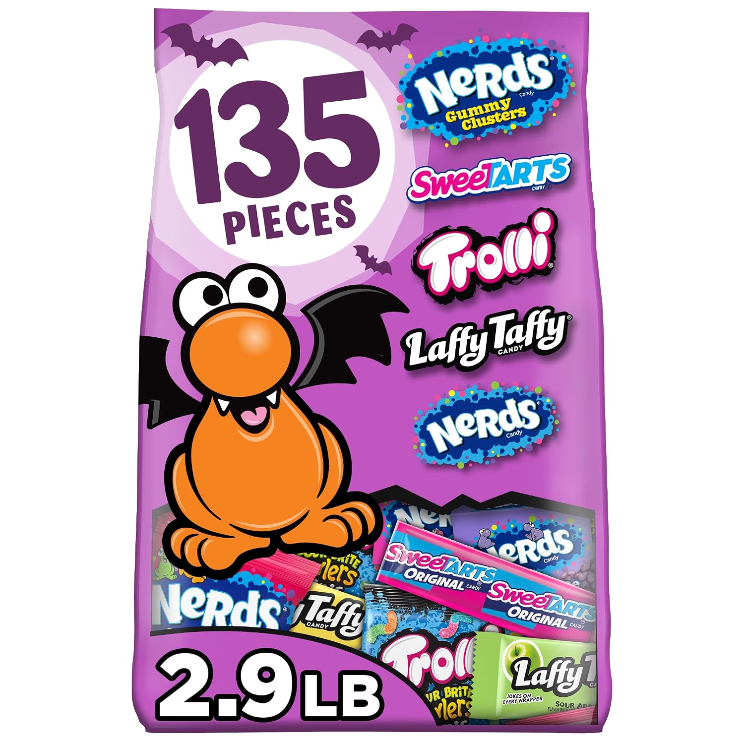 Nerds Core Winners Halloween Trick-or-Treat Variety Bag, NERDS Gummy Clusters, SweeTARTS, Trolli, Laffy Taffy, and NERDS Original, 135 Pieces, 46.4 Ounces