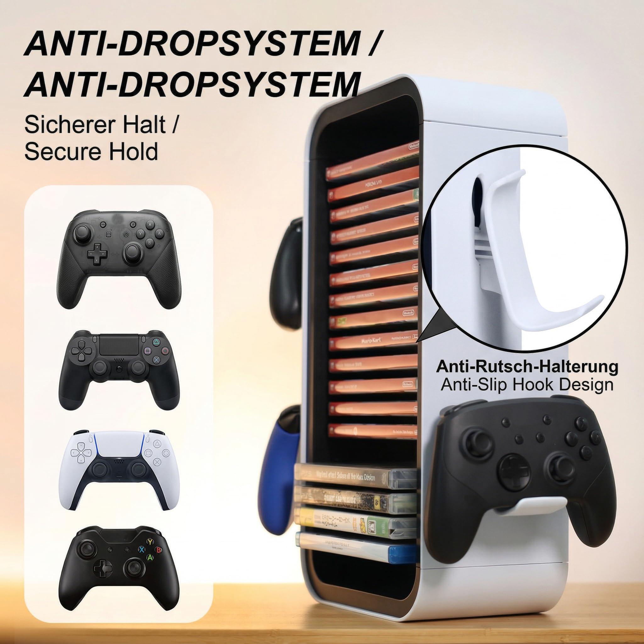 MatoSan Tower Game – Tour de Rangement Universelle PS5 / PS4 / Switch | 18 Jeux + 4 Accessoires Manette | Étagère Jeux Vidéo Multifonctionnelle