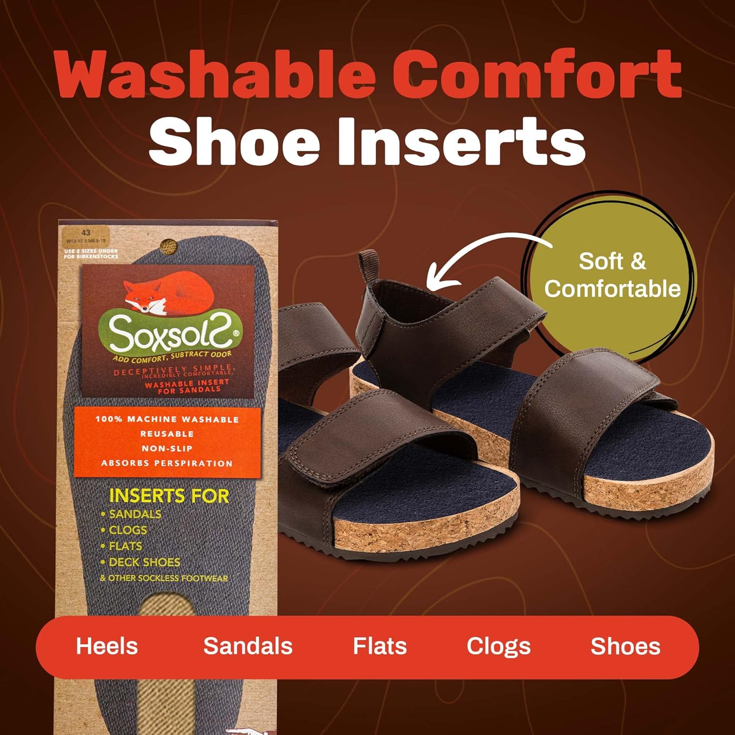 Wool Flat Shoe Insert for Sandals & Sockless Shoes, Comfortable Shoe Insoles with Sweat-Absorbent Natural Fiber & Non-Slip Silicone Grip, Wide-Cut Foot Soles for Men & Women, Brown, Size 43 - SoxsolS - Image 2