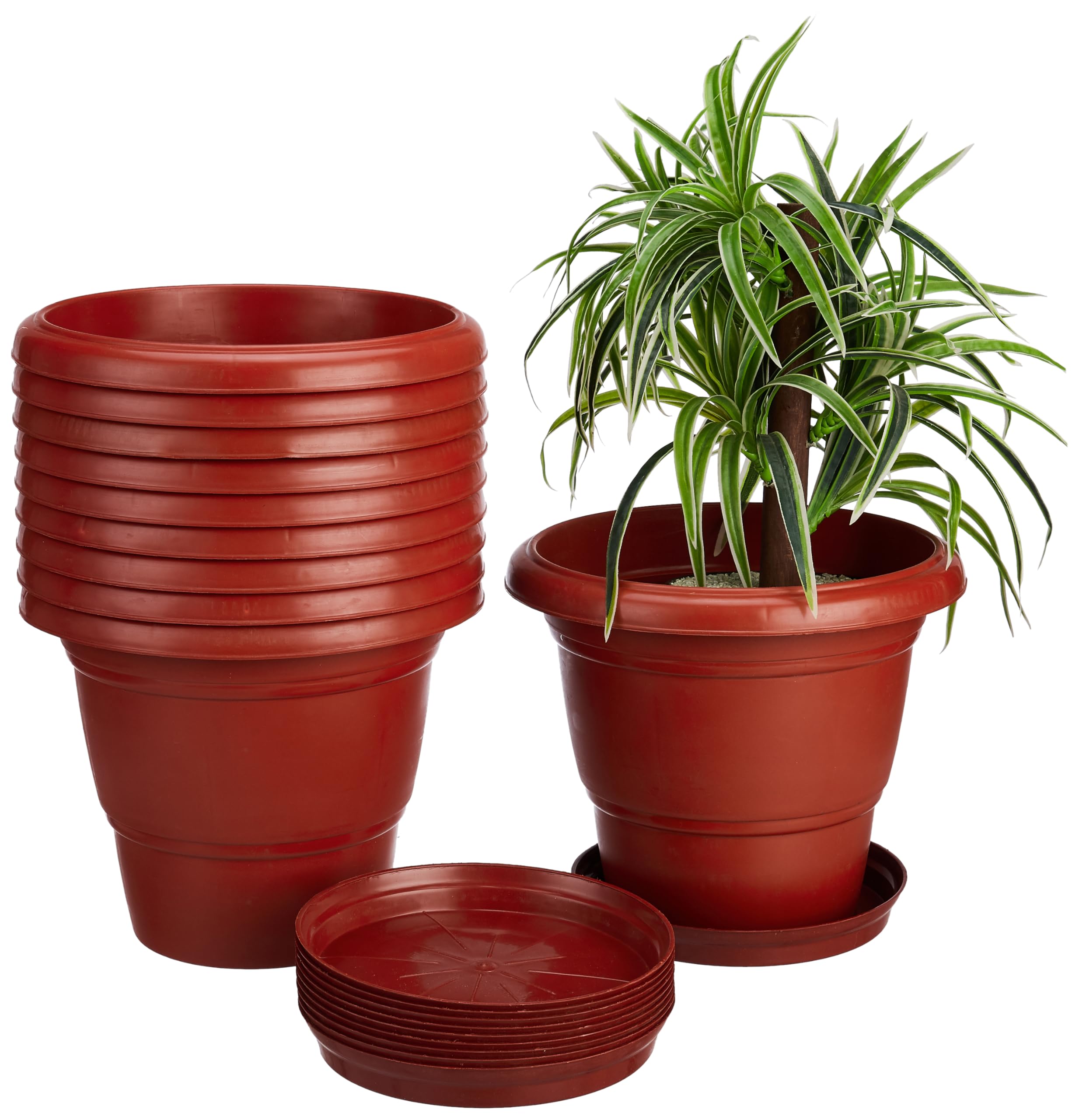 Amazon Brand - Solimo Round Pots for Plants with Bottom Tray | Modern Design | Indoor and Outdoor Flower Pot for Home/Office/Table/Garden/Balcony Decoration | 12 inch, Set of 10 | Brown