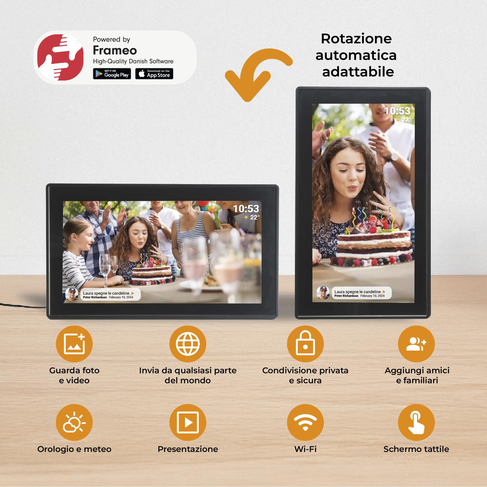 Denver PFF-1515B - Cornice digitale Wi-Fi - Schermo touch screen Full HD IPS da 15,6 pollici, software FRAMEO integrato, condivisione wireless, spegnimento notturno automatico, memoria da 16 GB, nero