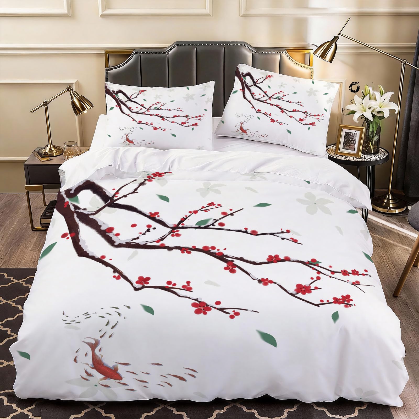 3D Pattern Plum Duvet Cover Blossom Flowers Bedding Double Bed Set, Soft Microfiber Comforter Cover Printed with Zipper Closure Quilt Coverr 200x200 cm and 2 Pillowcases
