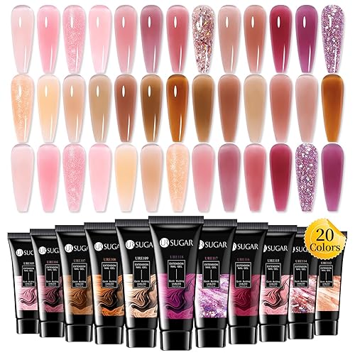 Miniatura 10 de UR SUGAR Juego de uñas de gel de extensión de poliéster para otoño e invierno, 6 colores, arce calabaza, naranja quemado, amarillo, rojo, purpurina,