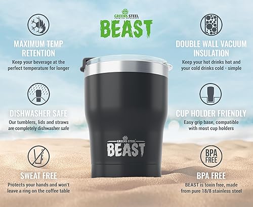 Miniatura 2 de Vaso de acero inoxidable BEAST con aislamiento al vacío de doble pared, para café o bebida fría, termo de viaje, 10 onzas (negro mate)