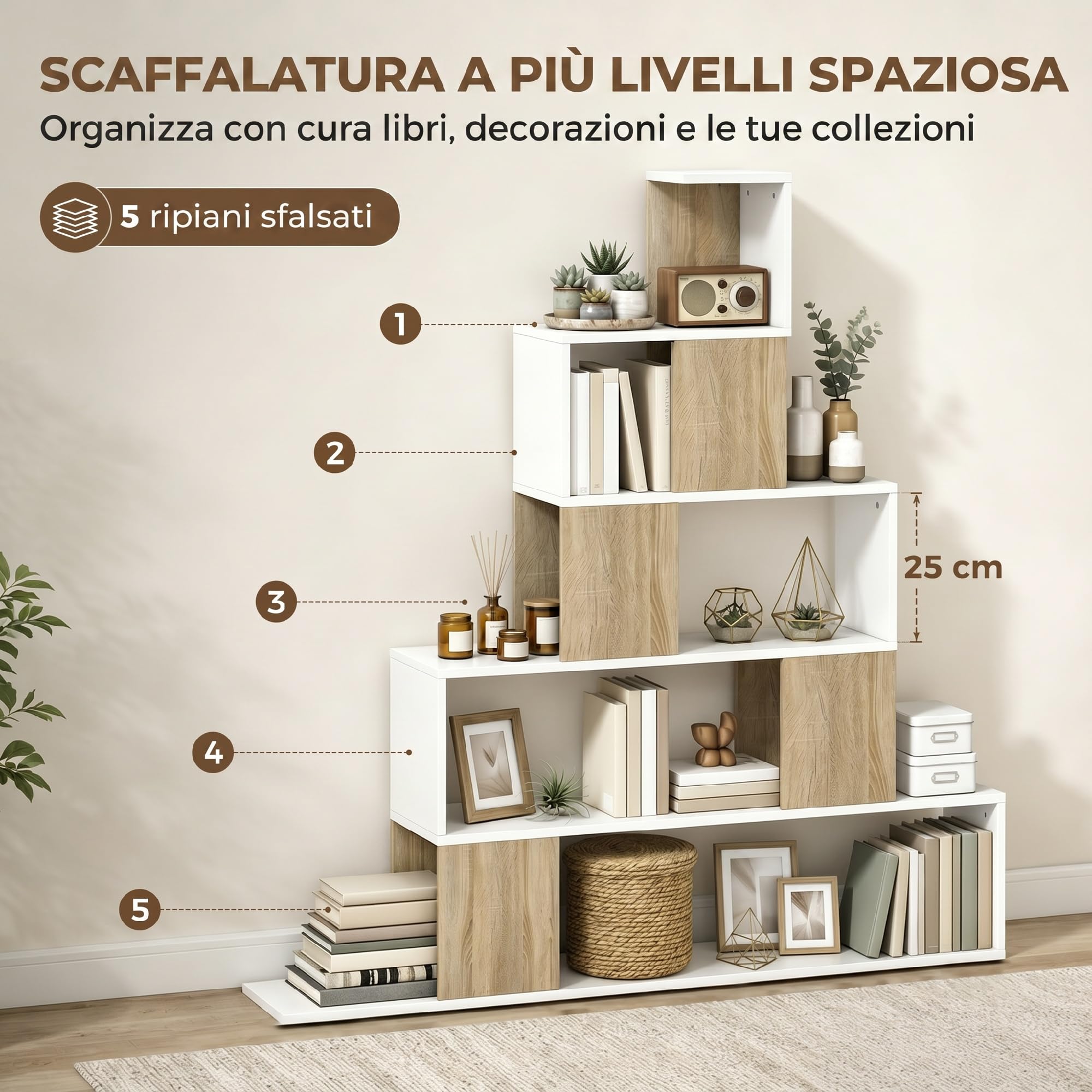 HOMCOM Libreria Cubo, Scaffale a 5 Ripiani con Design a Gradini, Libreria Geometrica per Soggiorno, Studio, Camera da Letto, Bianco e Naturale