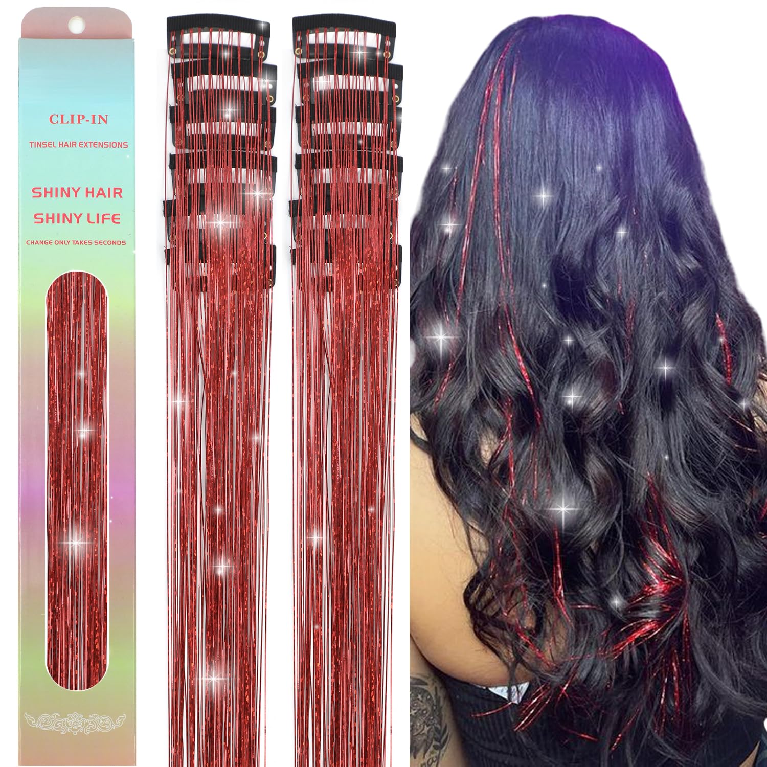 Hair Tinsel 12 Pcs Hair Tinsel Clip in Glitter Tinsel Hair Extensions 23.6Inch Clip in Hair Tinsel Kit Red Sparkling Fairy Dazzle Hair Accessories for Girls Women Kids (Red)
