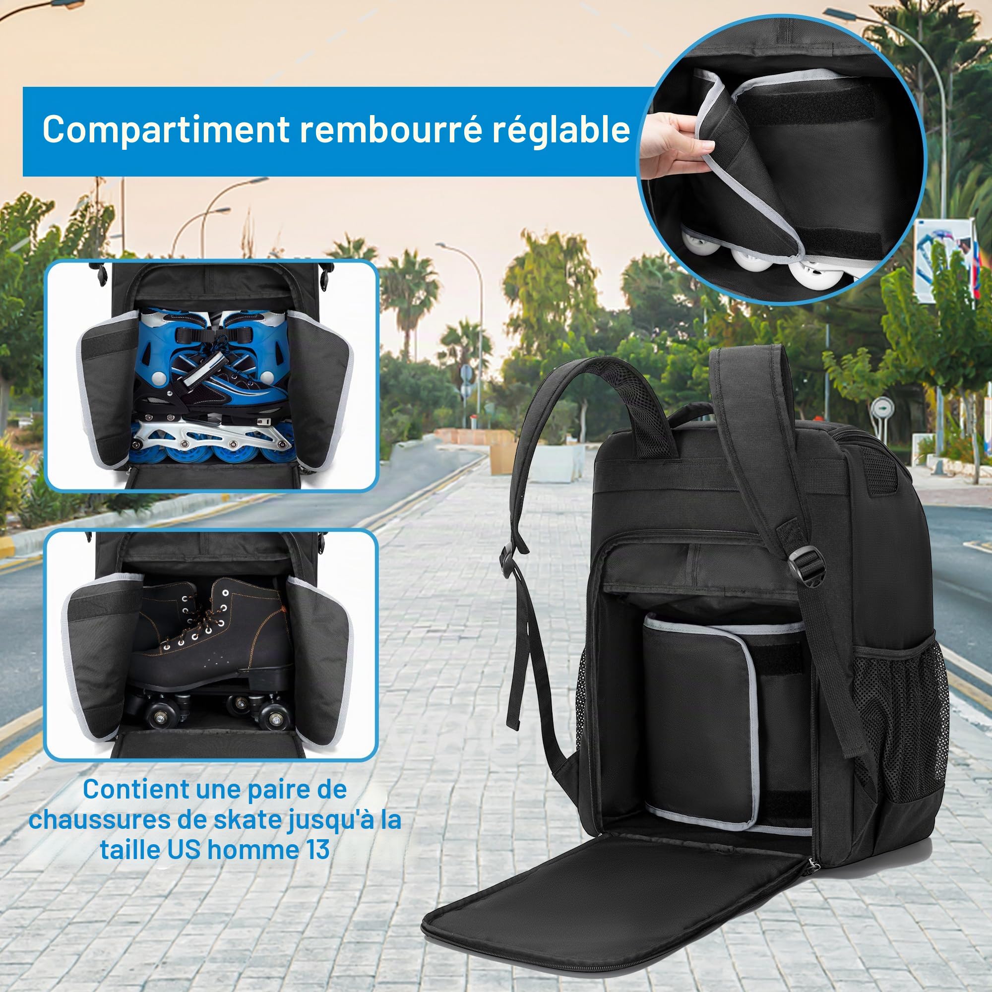 GOBUROS Sac de Patinage à roulettes pour Patins à Glace, Sac à roulettes avec Poche Supérieure pour Casque, Sac à Dos avec Bandoulière Rembourrée Réglable pour Équipement de Patins-Version Améliorée