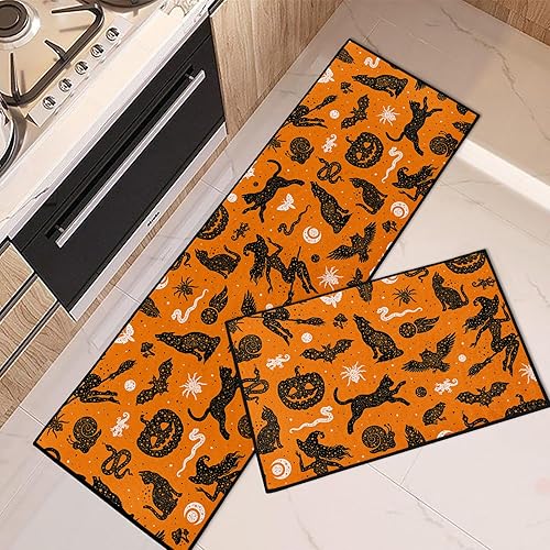 Juego de 2 alfombras y tapetes de cocina de Halloween, antideslizantes, lavables, caras de calabaza de Halloween, tapetes de cocina para piso,