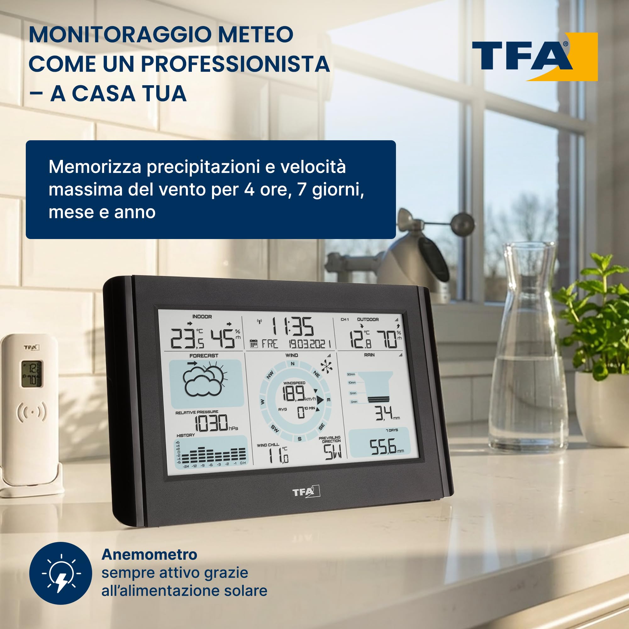 TFA Dostmann stazione meteo Weather Pro, 35.1161.01, con pluviometro, anemometro e sensore esterno, previsioni del tempo, radiocontrollata, temperatura e umidità, pressione atmosferica, nero