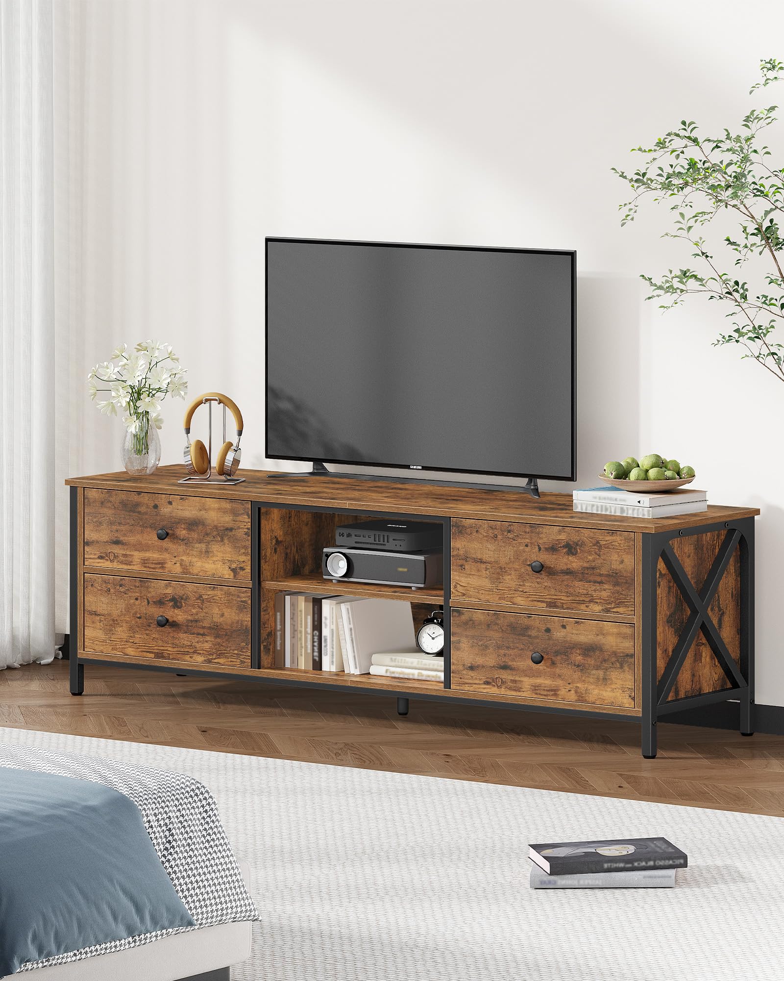 Hzuaneri Mobile TV, tavolino porta TV a 4 cassetti, adatto per TV fino a 165 cm, con 2 vani aperti, 40 x 147 x 50 cm, adatto per soggiorni, camere da letto e sale da pranzo, marrone vintage TV16801B