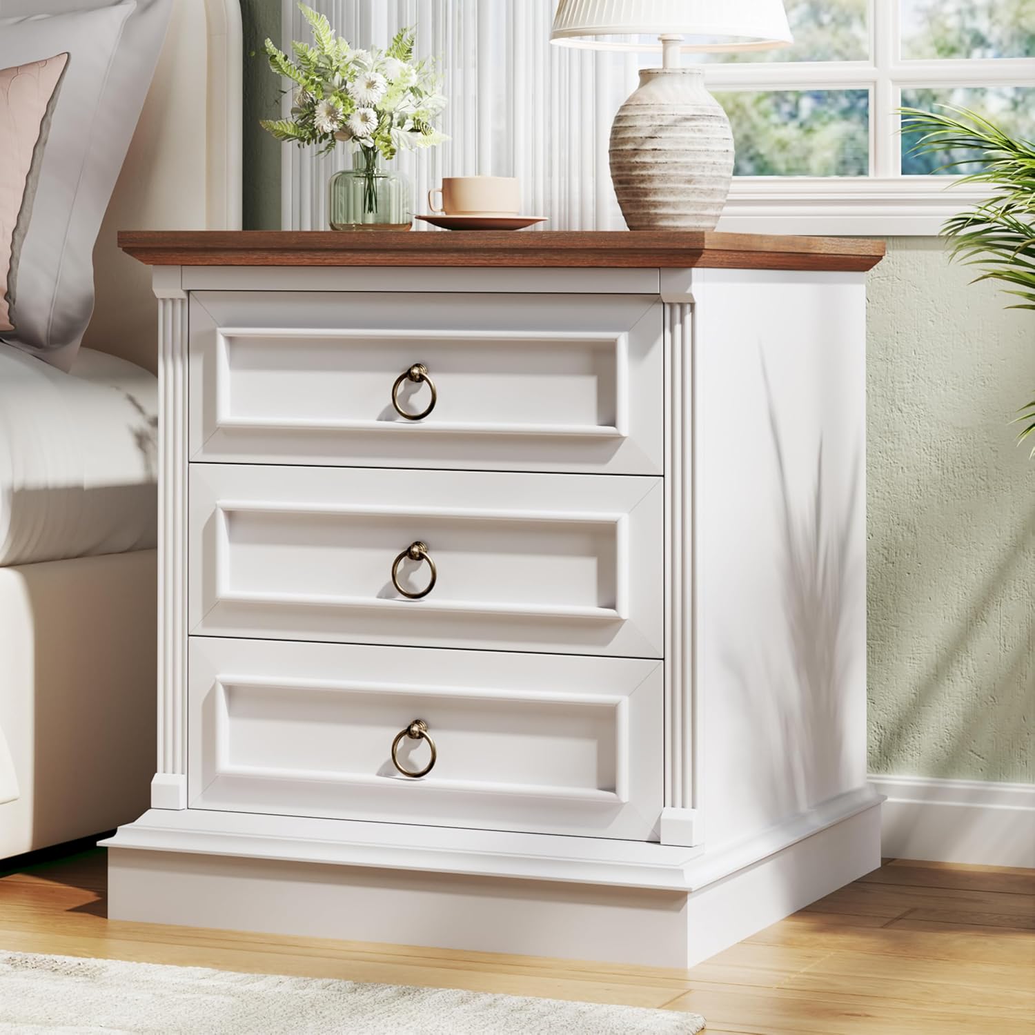 Farmhouse Nightstand with Wireless Charging Station, Side Table with Roman Column, Wood Rustic End Table with Metal Handle for Bedroom, White