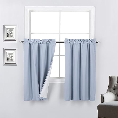 Miniatura 1 de 2 paneles de cortinas opacas con aislamiento térmico y forro trasero blanco, cortinas de bloqueo de luz para cualquier ventana pequeña (azul claro,
