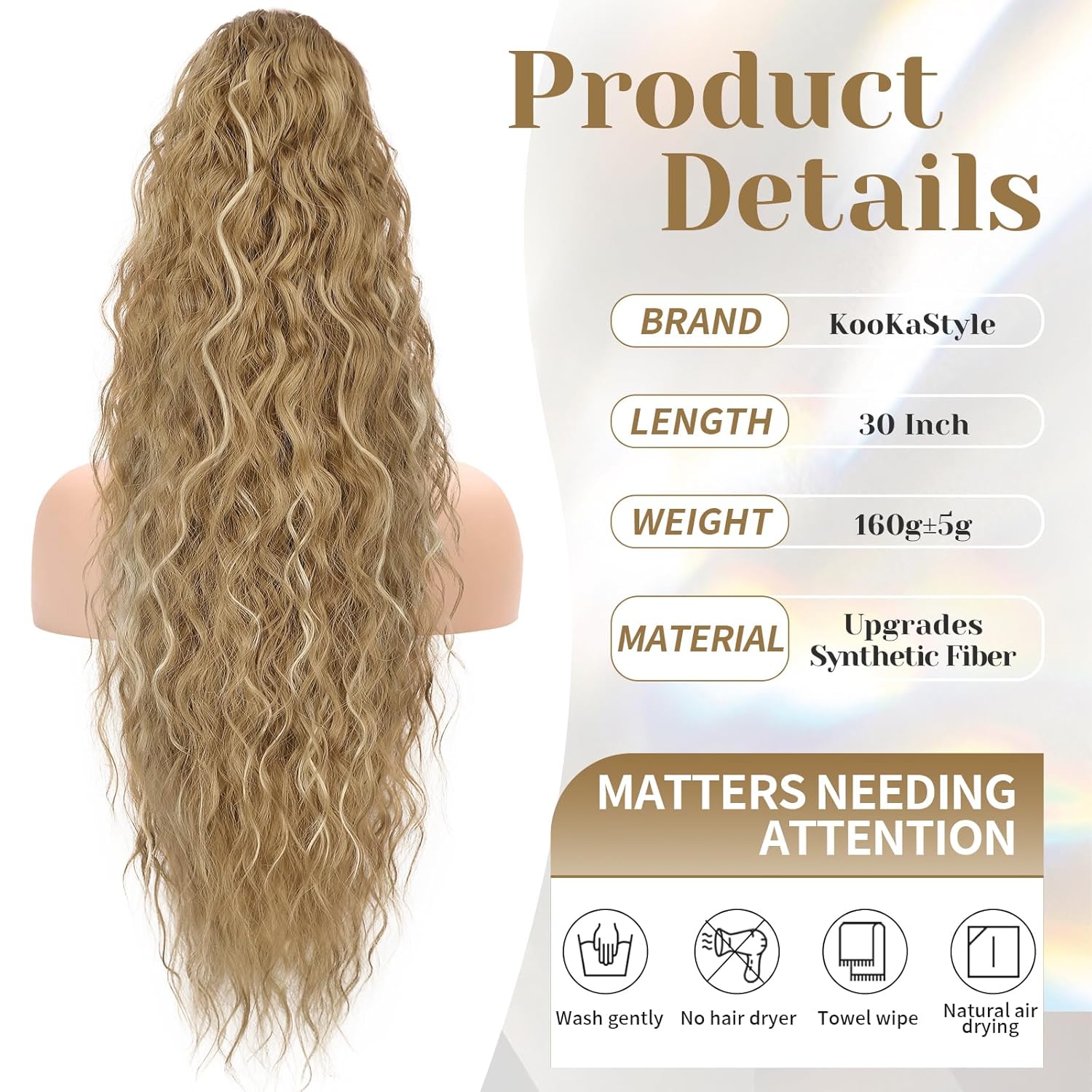 KooKaStyle Ponytail Extension 30 Inch Drawstring Pony Tails Hair Extensions for Women Long Curly Ponytail Synthetic Hairpieces for Daily Use（ Bronde mix Light Blonde）